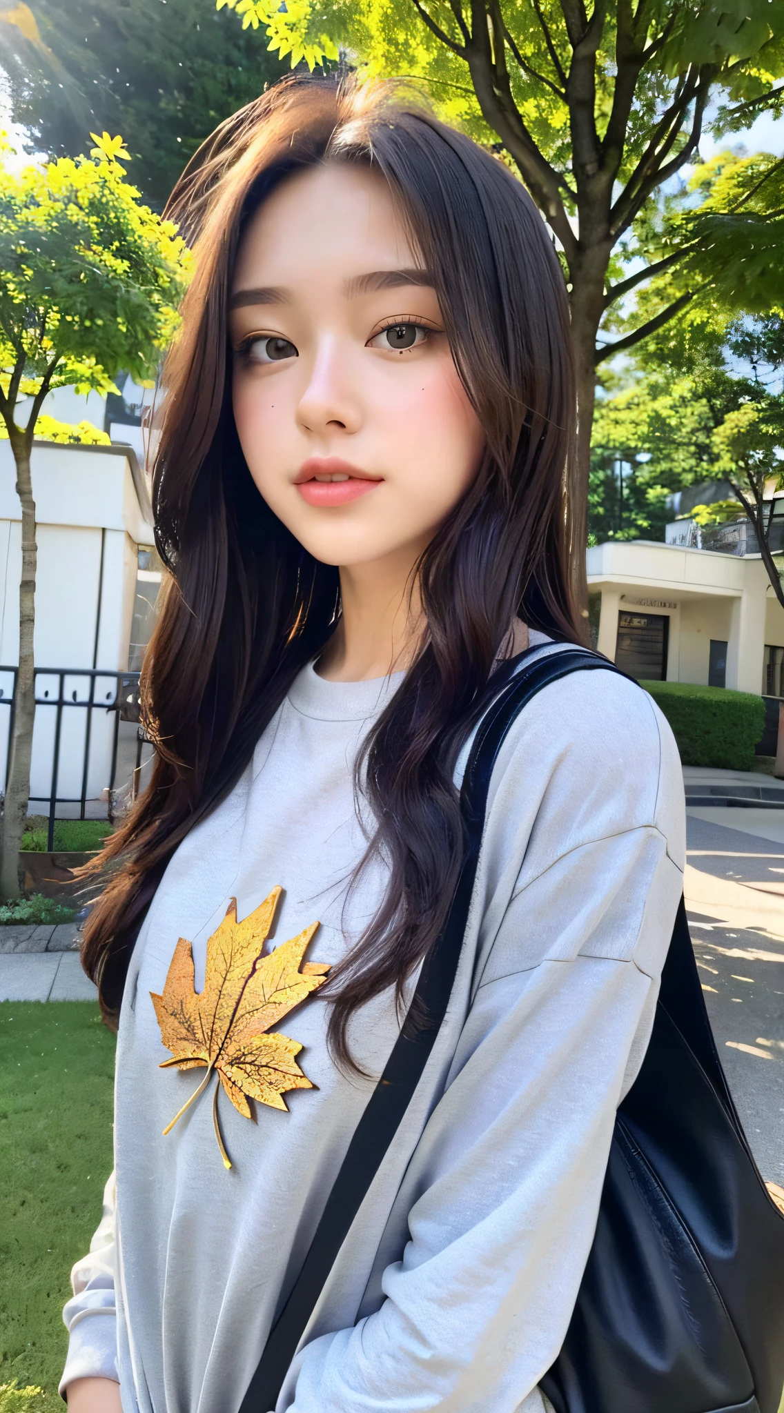 (a 18 year olds pretty girl, 1/2 frame), (wearing casual, with backbag), ((canadian maple leaf hill))