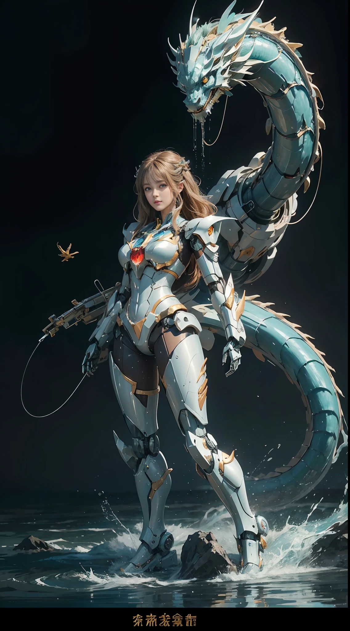 (best quality),(masterpiece),an extremely delicate and beautiful girl,extremely detailed,Amazing,finely detail,official art,ultra-detailed,highres,beautiful detailed girl,light on face,
a girl standing in front of a dragon,long,no humans,dragon,(floating hair),mecha,(mechanical mecha),yushuishu,water,waves,Filled with water energy,Mecha all,Honey Mecha,machinery