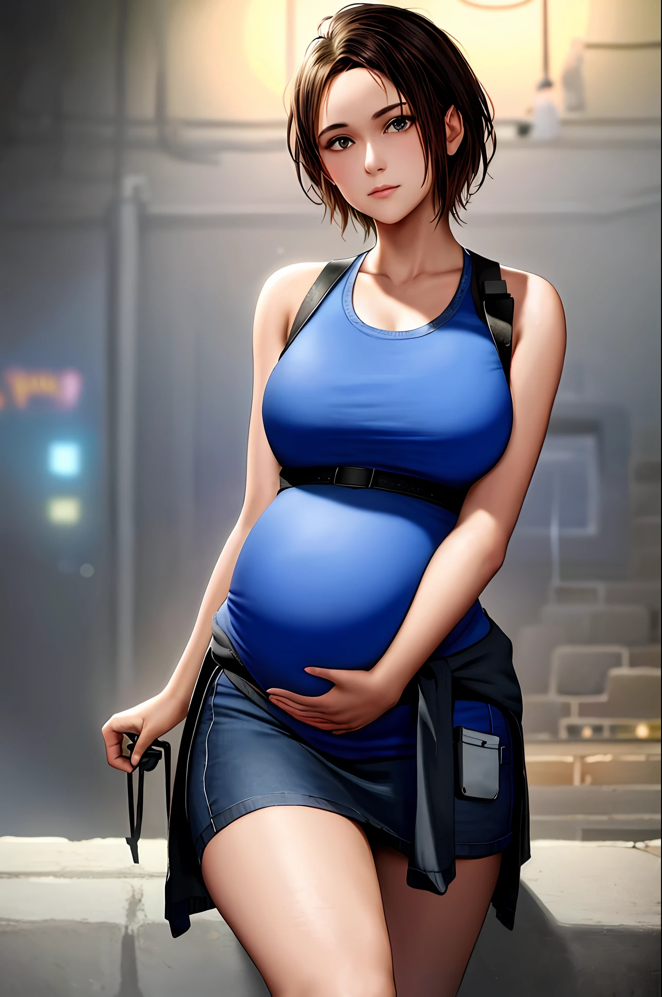 1girl, zotovalentine cowboy shot, blue tank top, shoulder holster, black skirt, pregnant, bare pregnant belly, nine months pregnant, sweater around the waist, athletic, old mansion indoors, city, night, neon, rain, fire escape, volumetric lighting, best quality, masterpiece, intricate details, tonemapping, sharp focus, hyper detailed, trend in Artstation, realistic,