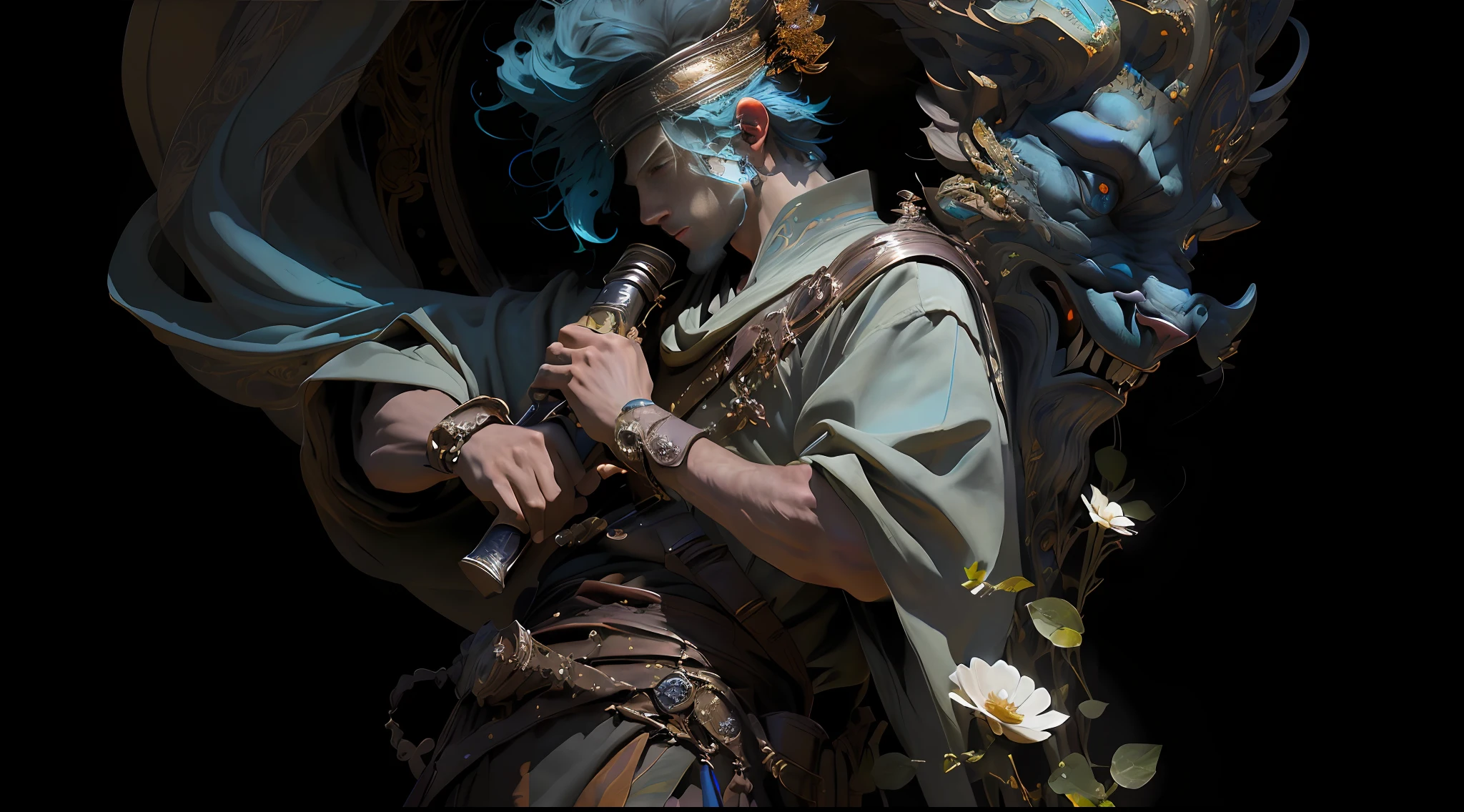 A man playing musical instrument, atmospheric distance sense, full body picture, epic fantasy digital art style, epic fantasy art style HD, epic fantasy art style, detailed fantasy digital art, epic fantasy style art, epic exquisite character art, 4K fantasy art, 2. 5 D CGI anime fantasy artwork, man wearing a flower on his head, photo of the most beautiful artwork in the world with a soft sheen, ((epic hero fantasy, great location, majestic environment), full body 8k uniform rendering, action shot, skin pores, heavy shadows, detailed, detailed face, (vibrant, photo realistic, realistic, dramatic, dark, sharp focus, 8k), (Complex: 1.4), Decadence, (High Detail: 1.4), Digital Painting ArtStation, Concept Art, Smooth, Sharp Focus, Illustration, Artgerm Art, (Loish: 0.23), Wlop Ilya Kuvshinov, and Greg Rutkowski and Alphonse Mucha Gracias, (Global Illumination, Studio light, volumetric light), particles floating, the face is richly detailed