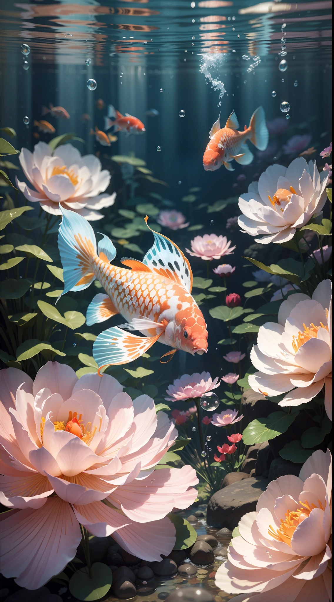 Bubbles, bubbles, foam, depth of field, golden red koi, realistic koi, fish mouth slightly open, perfect swimming, motion photography, large and flowing fish tail, master works, surreal, crystal clear, high extreme color, advanced composition. Bright. "Bright Crystal" and "Bright Hall". Blooming peony flowers, underwater, underwater, in the water, water drops, bright and soft light. Diamond-like color, transparent translucent, octane rendering, 3D, C4D