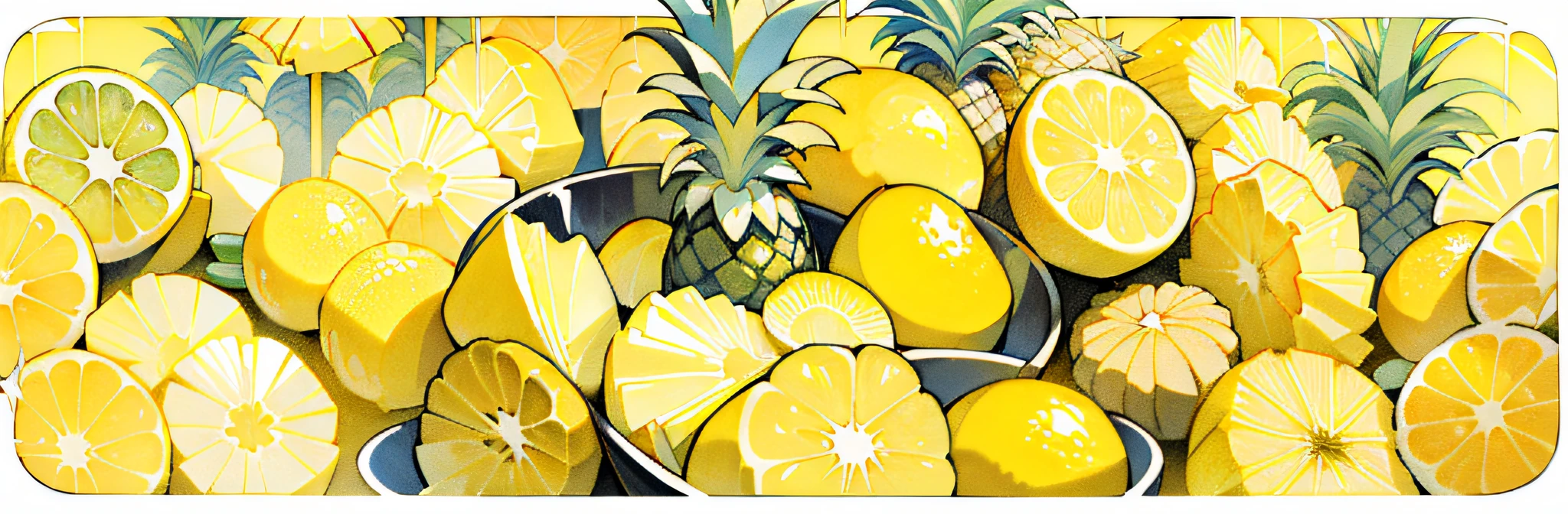 Illustration style Kurzgesagtish, pineapple, lemon, tropical fruits