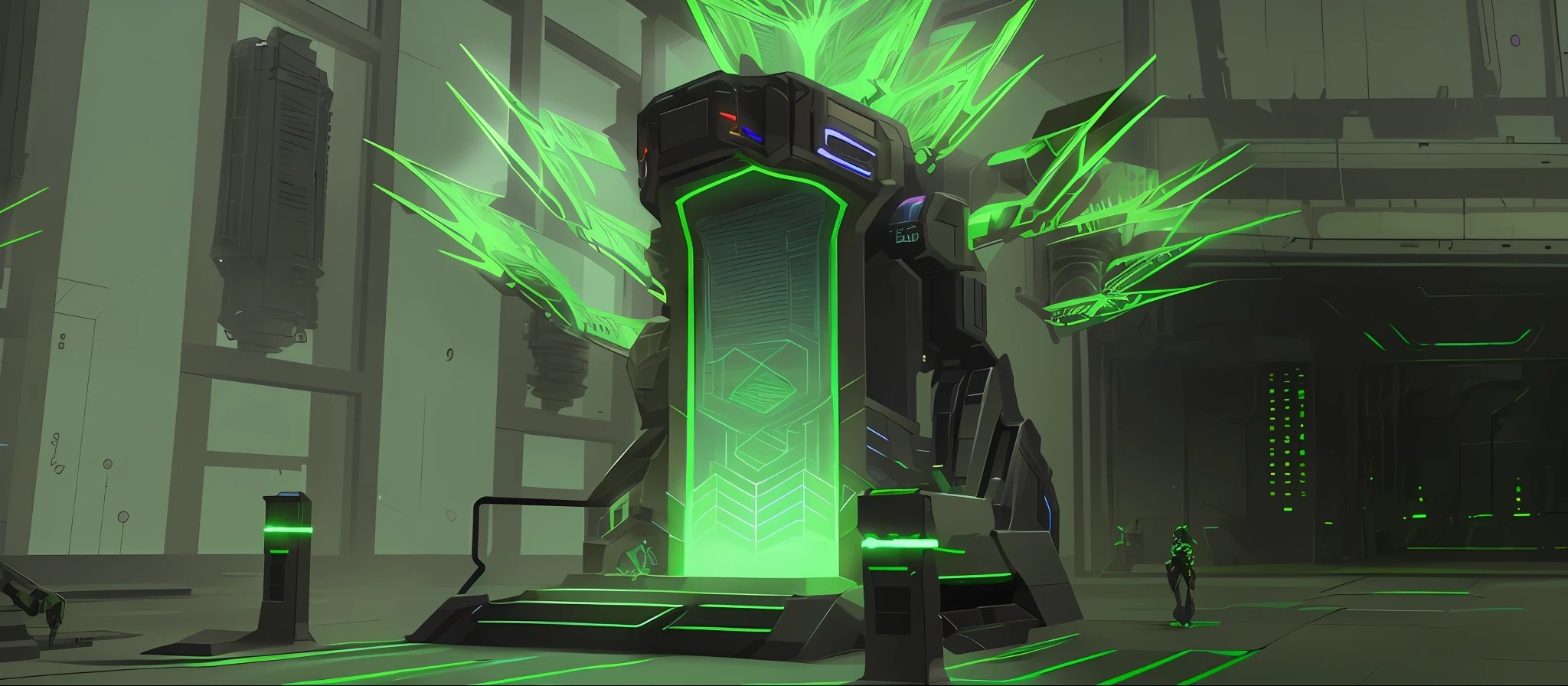 High Tech Cultivation Chamber, Dark High Contrast Concept Art, Keyframes, Depicted as Science Fiction Scenes, Keyframe Illustration, Game Rendering, In Game Rendering, FPS Game Concept Art, Buildings in Background, Game Concept, Mecha Floor, Environment Reflection Light Occlusion, Concept Illustration, Laser WIP