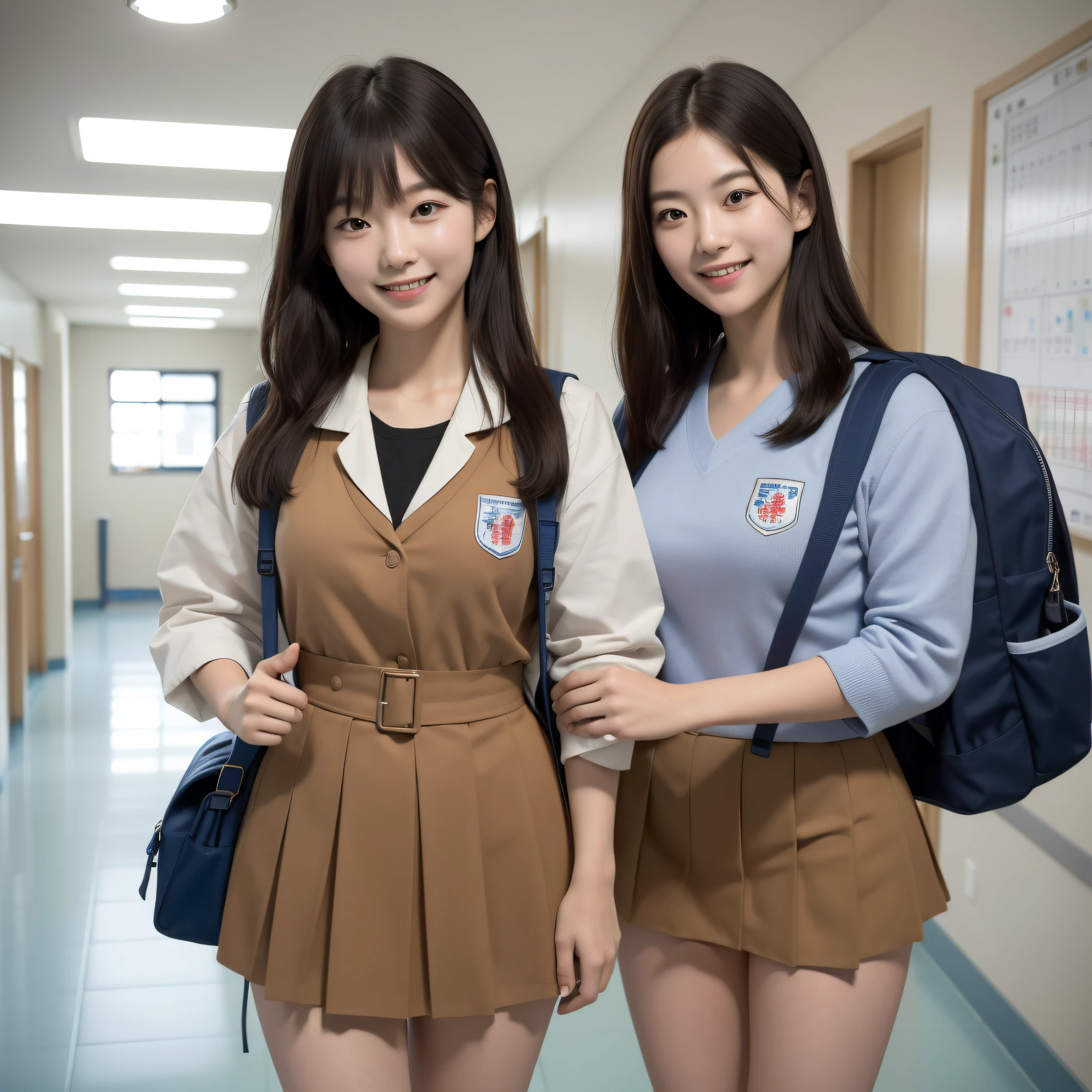 (best quality:1.4), (masterpiece:1.4), (highres:1.2), (extremely detailed:1.2), human body ratio,
1girl, korean girl, wearing japanese schoolgirl,  standing, smiling, with backpack, holding school books, classroom setting, busy school hallway