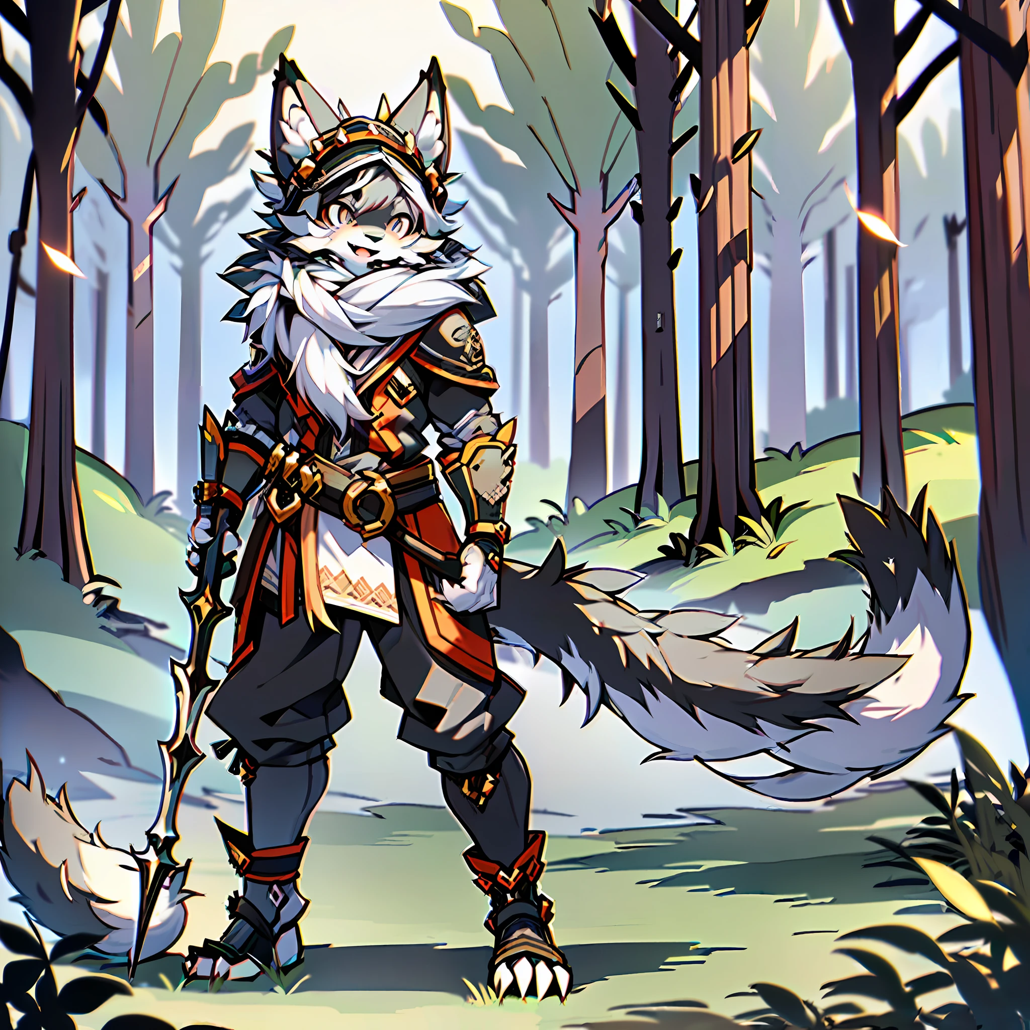 (Best Quality), (Masterpiece), ((Single 1.5)), (Super Detailed), (Furry), Full Body Furry, Furry, (Male Arctic Fox: 1.5), (Grey Skin: 1.3), (Gray Fur: 1.3), (Fluffy Tail: 1.2), Character Focus, (Golden Eyes), (Canine Paws), (Gray Ears), Sharp Focus, (Furry Animal Ears), ((Hunter Outfit)), ((monster_hunter_ style))