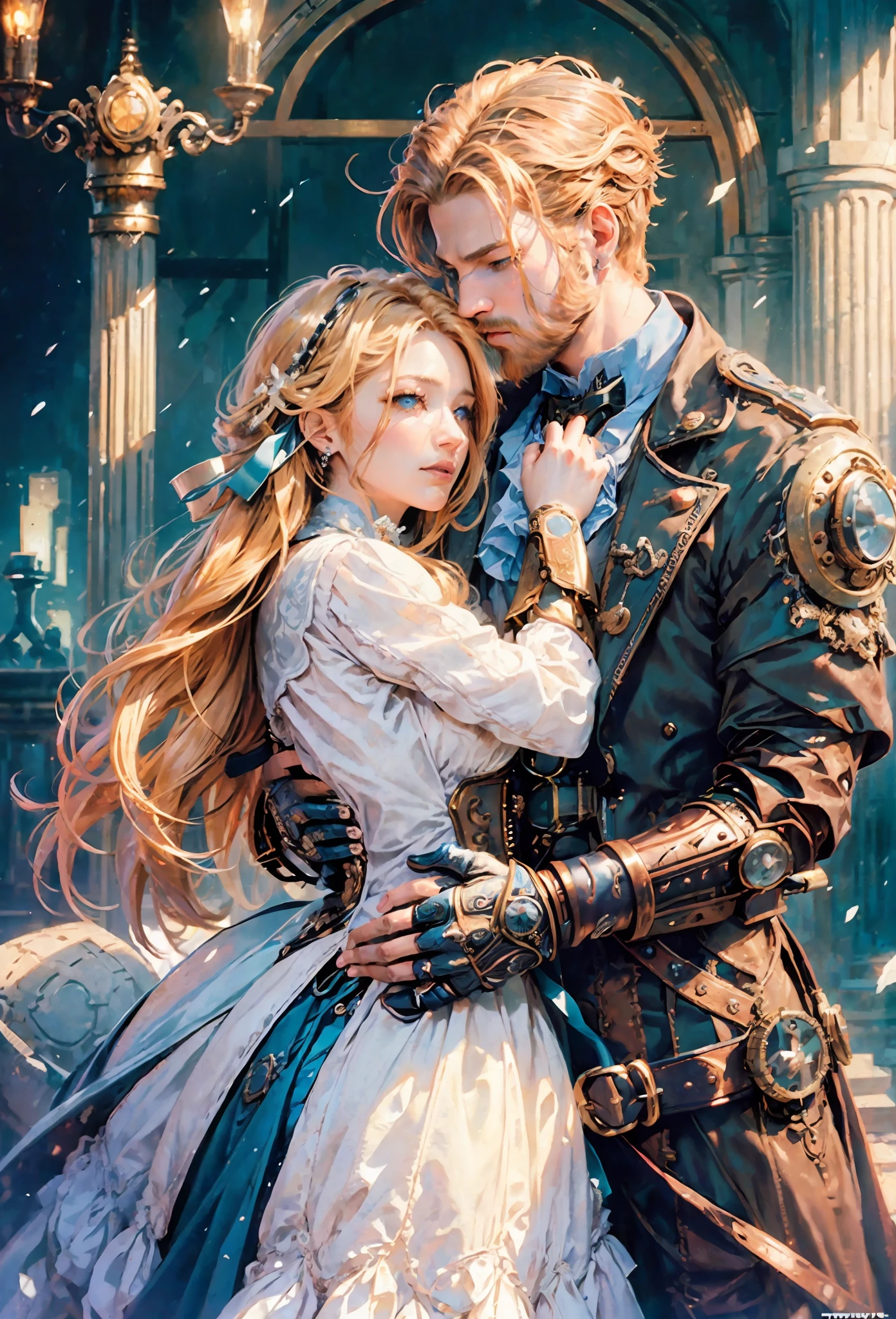 ((((steampunk))),woman with blond hair and blue eyes, hugging a muscular man with red hair and beard, green eyes, royalty, high quality, detailed, anime couple, couple, romance, elegant, high quality, high detail, with a blonde woman, blue eyes, couple, kiss, crush, masterpiece, love, tenderness, hugs, beautiful clothes, aristocrats, royalty, couple, crush, two people,  kiss, high detail, high quality, (extremely detailed CG Unity 8k wallpaper, masterpiece ), ((8k resolution)), ((hyperdetailed)), ((better quality)), (realistic: 1.2))), (superdetailed), (better lighting), (better lighting), ultra-HD, cryomotor, dynamic angle cameras, (depth of field), flowering, ((soft lighting)), (extremely delicate and beautiful illustration), ((soft lighting with gradient)), high resolution, sharp focus, pixel masterpiece,  ((Intricate details)), Full color, high detail, (semi-realistic: 1.6)