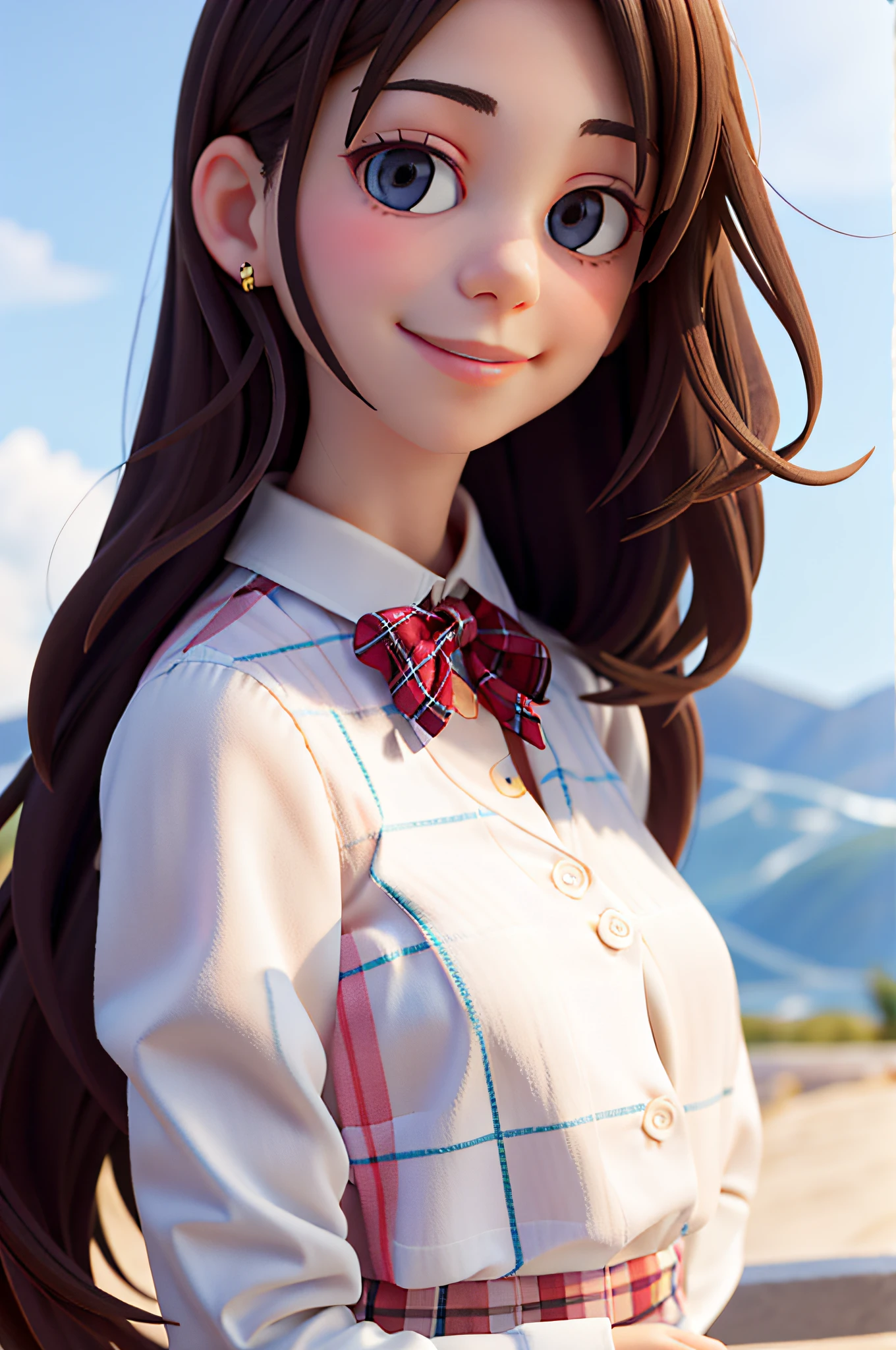 masterpiece, high quality best quality,1girl, bangs, beach, blue_sky, blush, bow, breasts, checkered, checkered_shirt, checkered_skirt, cloud, cloudy_sky, collarbone, day, envelope, giving, grass, hair_bow, heart, holding, holding_letter, horizon, incoming_gift, kazami_yuuka, leaning_forward, lens_flare, letter, light_rays, long_hair, looking_at_viewer, love_letter, mountain, mountainous_horizon, ocean, outdoors, plaid, plaid_background, plaid_bikini, plaid_bow, plaid_bowtie, plaid_bra, plaid_dress, plaid_headwear, plaid_jacket, plaid_legwear, plaid_necktie, plaid_neckwear, plaid_panties, plaid_pants, plaid_ribbon, plaid_scarf, plaid_shirt, plaid_skirt, plaid_vest, pov, shirt, skirt, sky, smile, solo, sun, sunbeam, sunlight, tree, unmoving_pattern
