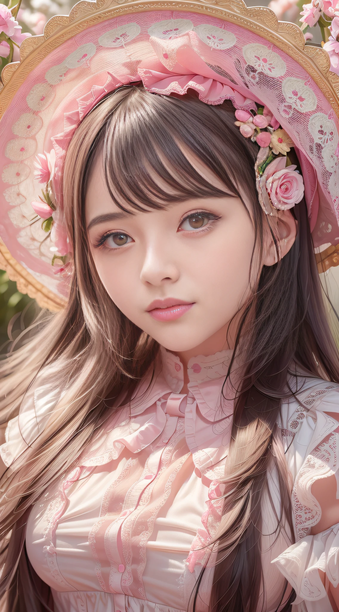 Close-up of a woman in a pink hat and dress, portrait of the magical Lolita girl, Beldelfinn, Kawaii realist portrait, portrait of the radical Lolita girl, Larisa Manobal, portrait of Lolita, portrait of the magical girl, Sakimikan, portrait of Josie in black pink, Lolita style, portrait of Japanese Garu, loli, very clear