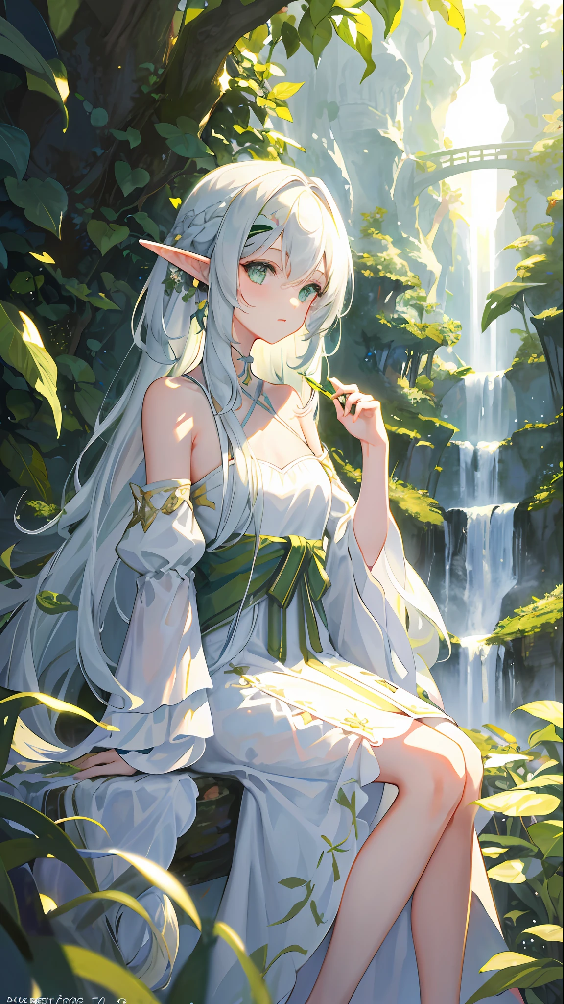 masterpiece, superb painting, Illustrations, 1 girl, cute, (dynamic light: 1.2), cinematic light, delicate facial features, (beautiful eyes: 1.2), (bright green eyes: 1.233), waterfall braid, extra long white hair, elf ears, depth of field, background bokeh, clear focus, (super detailed, halo, glow: 1.4), long white hair, beautiful girly face, fair, medium, glowing body, (bare shoulders: 1.1), (nudity: 1.1), dress, trimmed white, Delicate and gorgeous, (slit sleeves, wide sleeves), leafy green hairpin