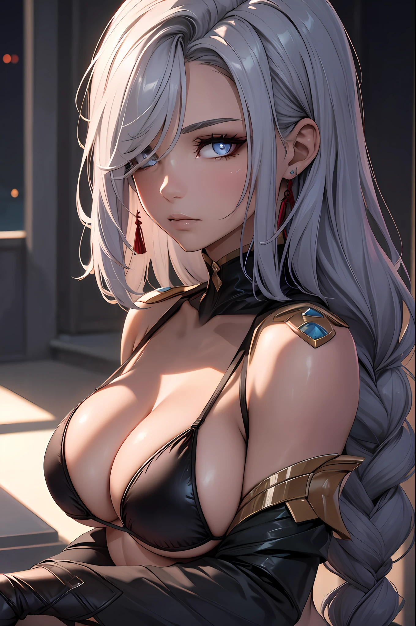 16K, RTX, HDR, extremely high details, intricate, professional makeup, closeup shot, best quality, masterpiece, night time, 1woman, solo, mature, cool, edgy, muscular, sexy  micro bikini top, glowing eyes,  long hair, smooth skin, big boobs, cleavage, ((extremely slutty)).