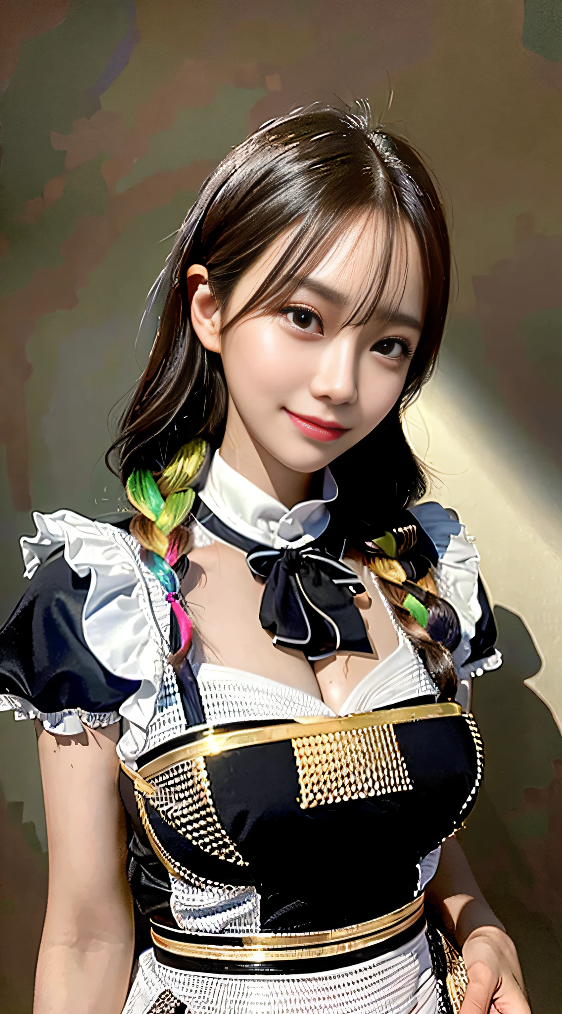 UHD,Ultra HD,Retina,Retina,Retina Screen,Masterpiece,Precise,Precise,Anatomically Correct,Textured Skin,Super Detail,Very detailed,High Detail,High Quality,Awards,Award-winning,Best Quality,High Resolution,High Resolution,High Definition,High Definition,4K,8K,16K,Portrait Style,Zoom Layer,Eye Level Shot,Surrealism,Color Field Painting,Hyper-Realism,Surreal Detail Painting,Cinematic Lighting,JPEG Artifacts,Reflected Light,Shadows, Silhouette, light brown hair, double braid, long eyelashes, full smile, slender body, full body, maid suit, maid cosplay, 25 years old, mature,