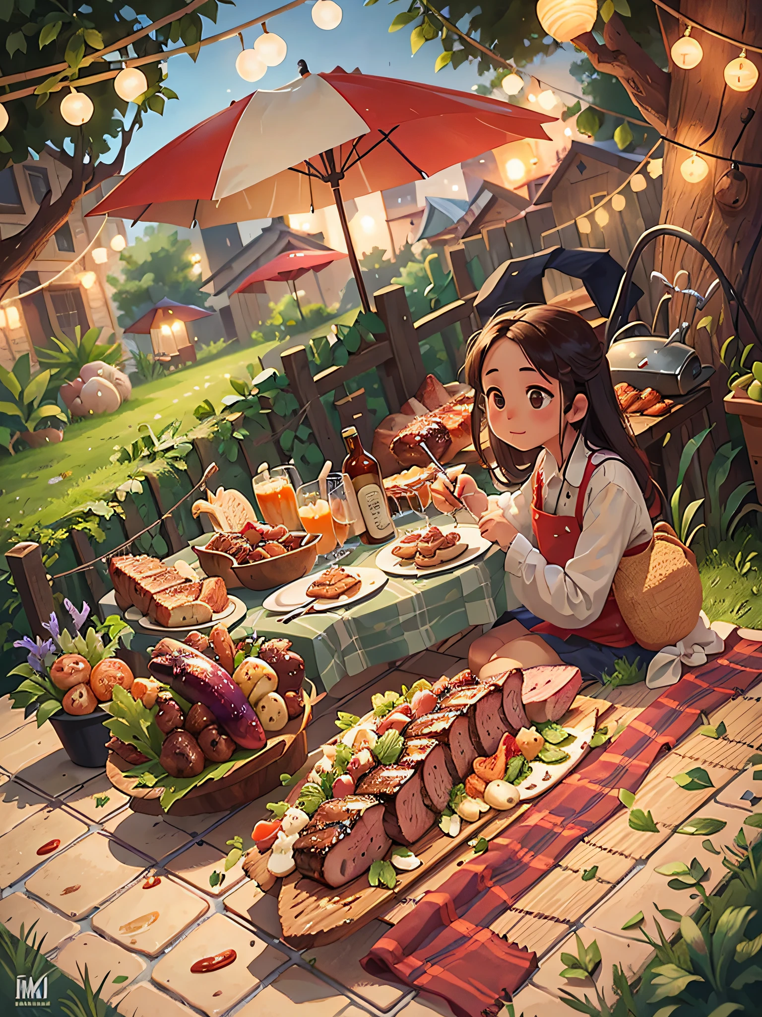 Masterpiece, best quality, delicious barbecue, lamb, eggplant, beef, squid, gluten, outdoor, alfresco table, umbrella shed, summer evening