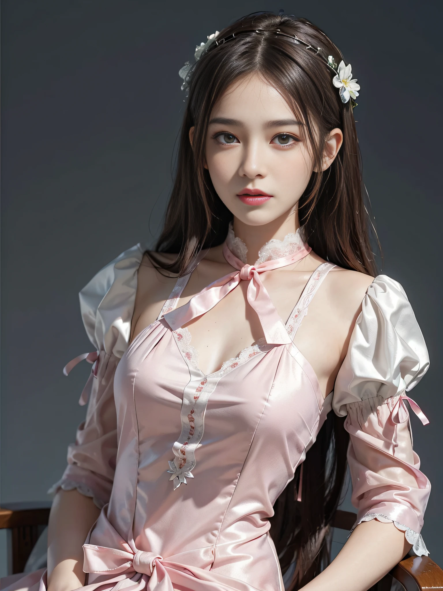 dressed, (photorealistic: 1.4), (hyperrealistic: 1.4), (realistic: 1.3), (smooth lighting: 1.05), (cinematic lighting quality improvement: 0.9), 32K, 1 girl, Japan woman, realistic lighting, backlit, face lights, ray tracking, (bright light: 1.2), (quality improvement: 1.4), ( Realistic textured skin of the highest quality: 1.4), fine detailed eyes, detailed face, fine quality eyes, brown eyes, (shiny and moisturized ultra-thin salmon pink lips), (tired and sleepy and satisfied: 0.0), white silk blouse with blue floral pattern with ruffles and lace, ribbon ties with thin strings, dark brown hair, small flower headbands with short cropped bangs on the forehead, One adult woman with faint smile (isolated on white background)