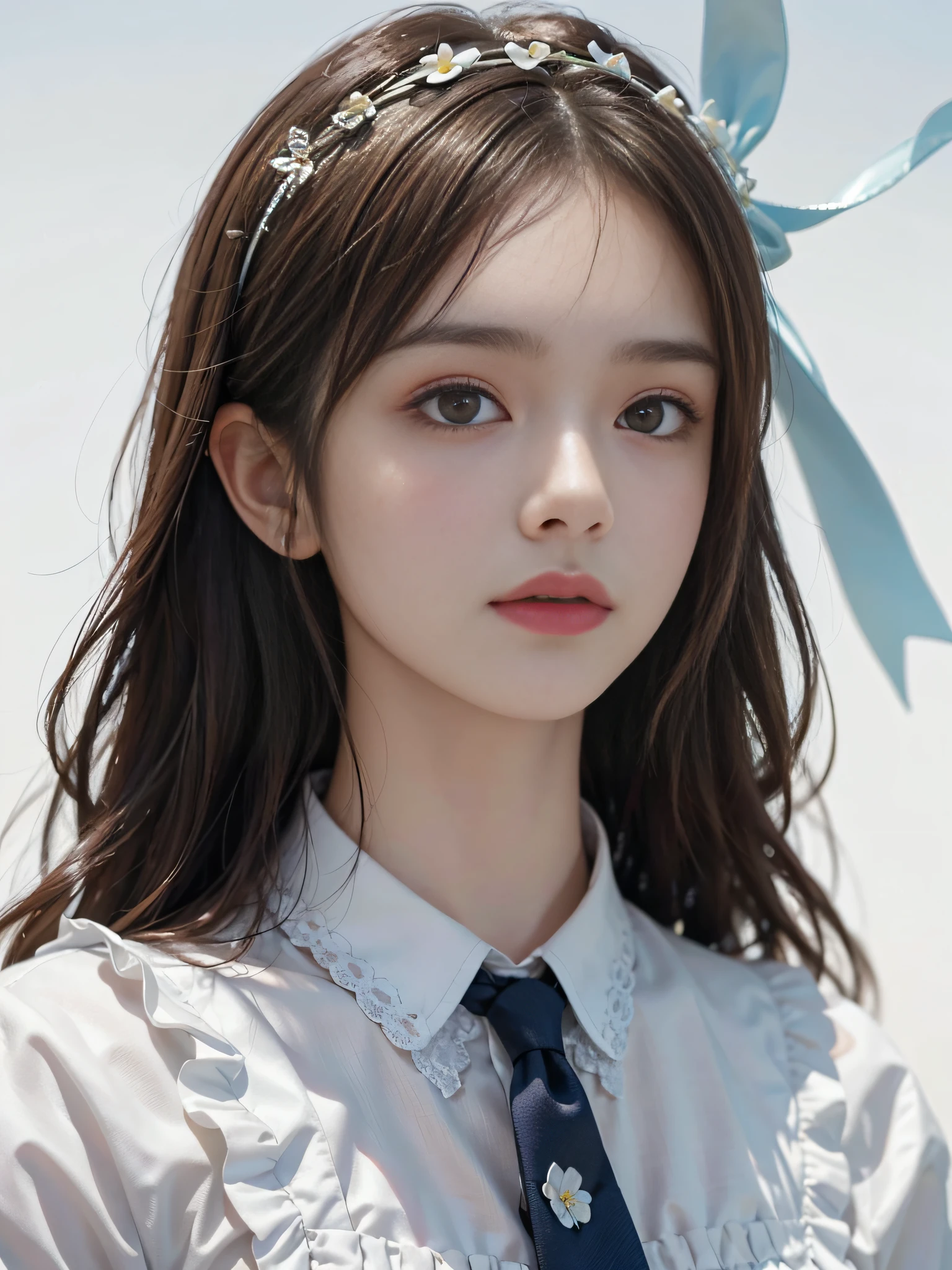 dressed, (photorealistic: 1.4), (hyperrealistic: 1.4), (realistic: 1.3), (smooth lighting: 1.05), (cinematic lighting quality improvement: 0.9), 32K, 1 girl, Japan woman, realistic lighting, backlit, face lights, ray tracking, (bright light: 1.2), (quality improvement: 1.4), ( Realistic textured skin of the highest quality: 1.4), fine detailed eyes, detailed face, fine quality eyes, brown eyes, light pink lips with a little moisture, (tired, sleepy and satisfied: 0.0), white silk blouse with blue floral pattern with ruffles and lace, ribbon ties with thin strings, dark brown hair, short cropped bangs hanging on the forehead, small flower headband, one adult woman with a faint smile, (white background)