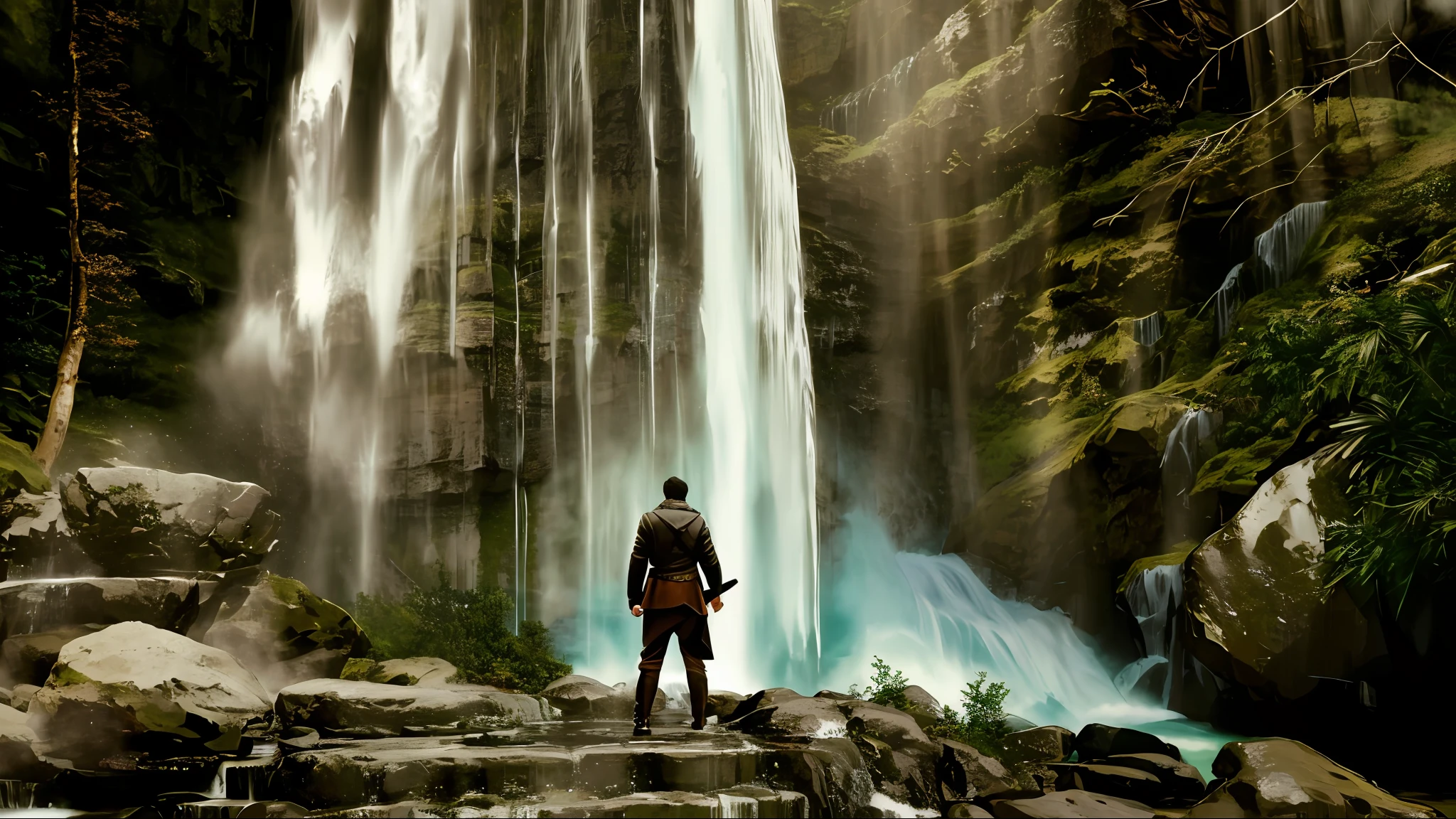 there is a man standing on a rock in front of a waterfall, solitude under a waterfall, standing inside a waterfall, standing near a waterfall, next to a waterfall, standing in front of a waterfall, standing in a waterfall, hd wallpaper, cinematic photograph concept art, cinematic 4 k wallpaper, cinematic 4k wallpaper, fantasy movie still, epic cinematic shot, amazing wallpaper