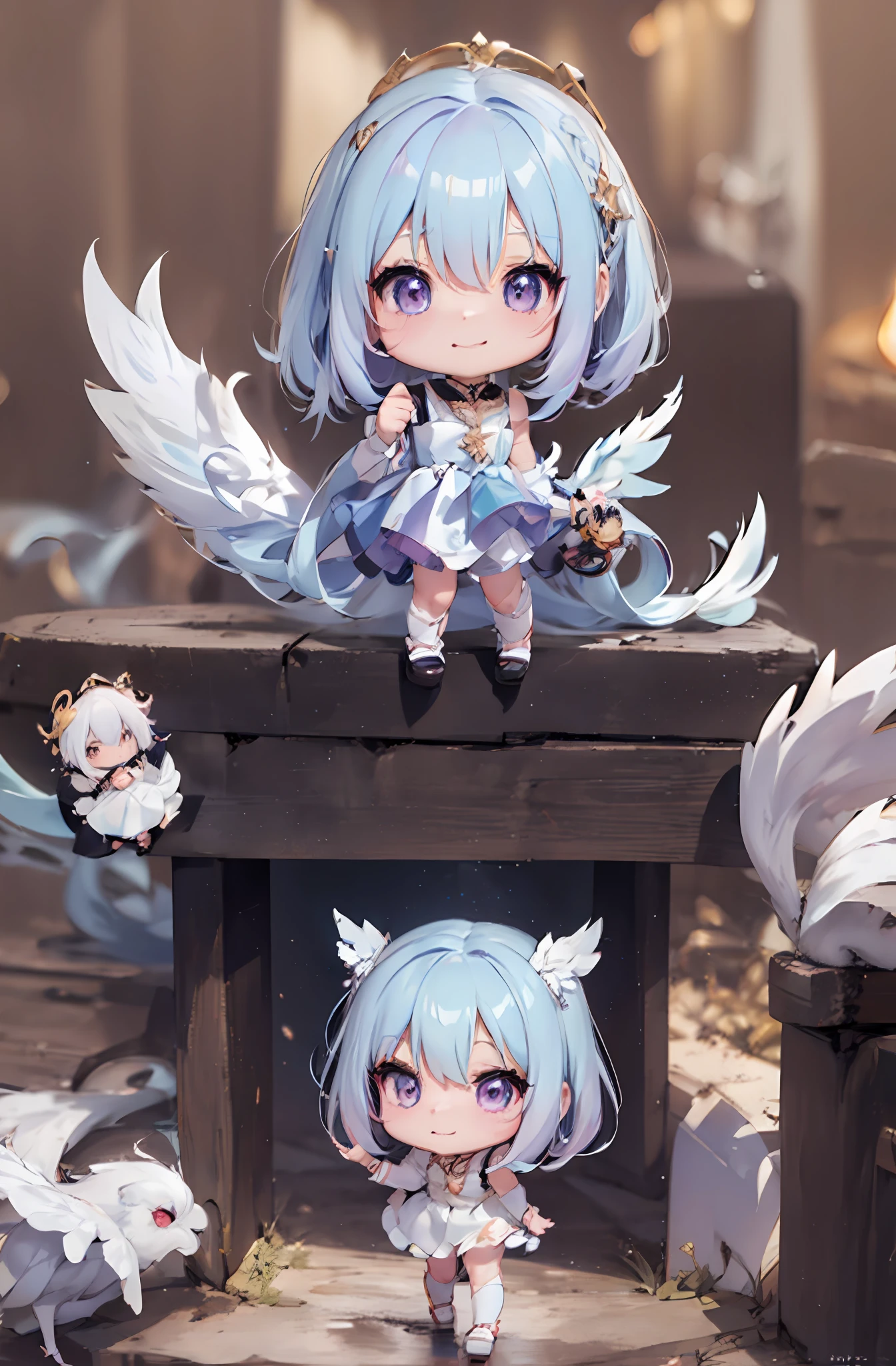 1 anime angel doll, (Chibi: 1.2), 8K high quality detail art, white feathers on the back, light purple hair, gradient, twinkle, style as Nendoroid, stylized anime, anime style 4K, cute detailed digital art, Guweiz style artwork, 8K octar rendering photos, advanced digital chibi art, Cute 3d render, anime style, light, glow