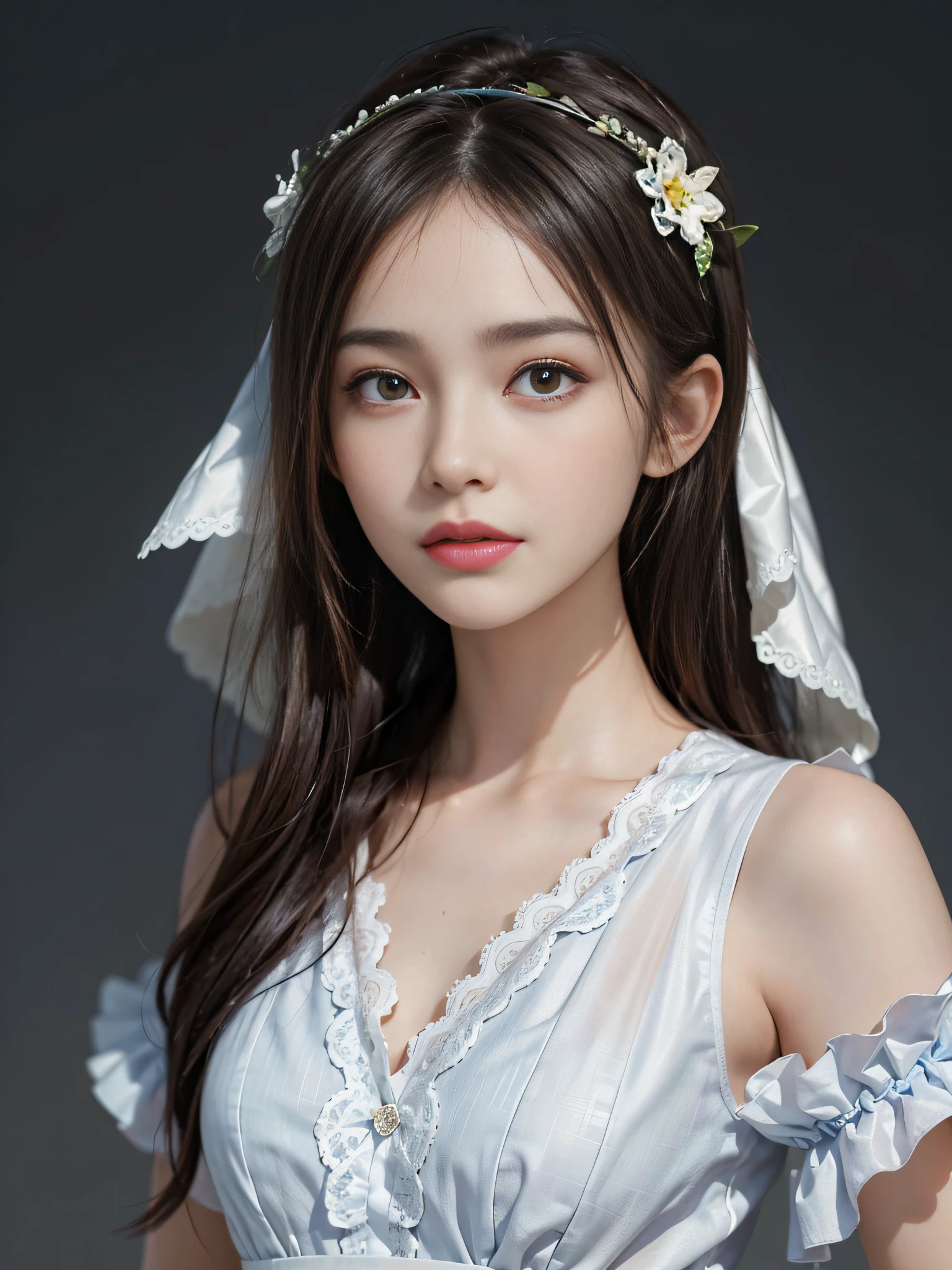 dressed, (photorealistic: 1.4), (hyperrealistic: 1.4), (realistic: 1.3), (smooth lighting: 1.05), (cinematic lighting quality improvement: 0.9), 32K, 1 girl, Japan woman, realistic lighting, backlit, face lights, ray tracking, (bright light: 1.2), (quality improvement: 1.4), ( Realistic textured skin of the highest quality: 1.4), fine detailed eyes, detailed face, fine quality eyes, brown eyes, light pink lips with a little moisture, (tired, sleepy and satisfied: 0.0), white silk blouse with blue floral pattern with ruffles and lace, ribbon ties with thin strings, dark brown hair, short cropped bangs hanging on the forehead, small flower headband, one adult woman with a faint smile, (white background)