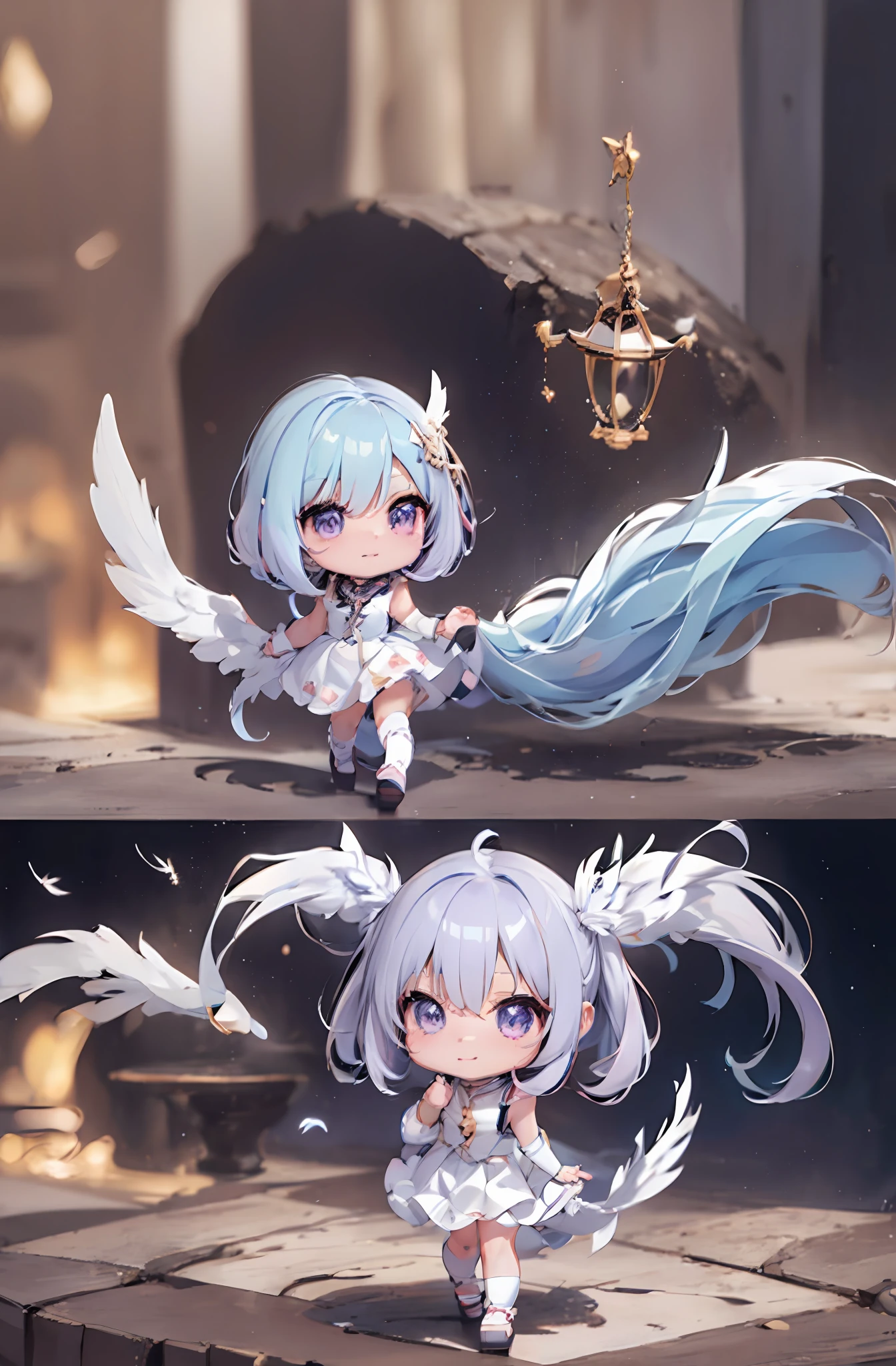 1 anime angel doll, (Chibi: 1.2), 8K high quality detail art, white feathers on the back, light purple hair, gradient, twinkle, style as Nendoroid, stylized anime, anime style 4K, cute detailed digital art, Guweiz style artwork, 8K octar rendering photos, advanced digital chibi art, Cute 3d render, anime style, light, glow