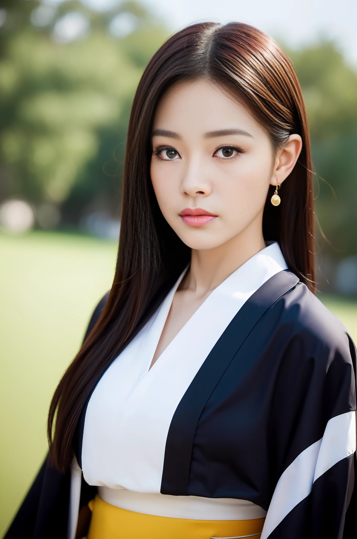 ((Best Quality, 8K, Masterpiece: 1.3)), Sharp Focus: 1.2, (Super Beautiful Face: 1.0), (Glossy Skin: 1.0), Realistic Photos, Black Hair, Realistic Pupils, Movie Lighting, Highly Detailed Eyes and Faces, Movie Lighting, (Cowboy Shot: 1.0), (Kimono, Hakama, Obi: 1.3), (Korean Cute Actress)