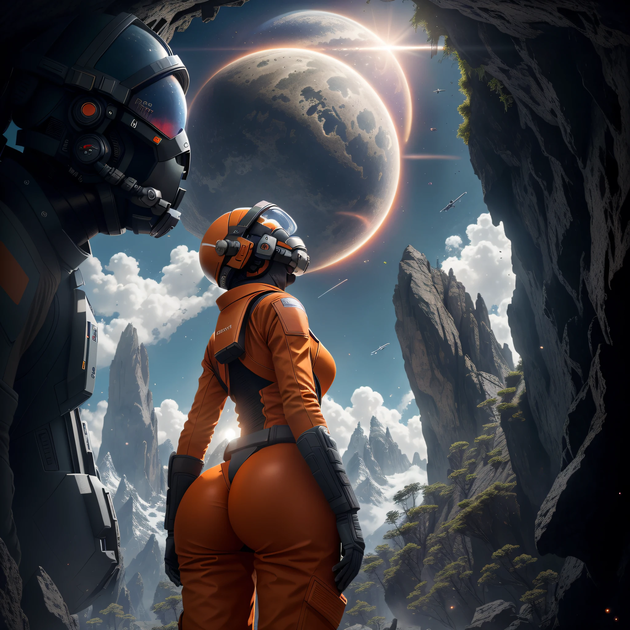 rear angle, Highly detailed RAW color Photo, Rear Angle, Full Body, of (female space soldier, wearing orange and white space suit, helmet, tined face shield, rebreather, accentuated booty), outdoors, (looking up at advanced alien structure, on alien planet), toned body, big butt, (sci-fi), (mountains:1.1), (lush green vegetation), (two moons in sky:0.8), (highly detailed, hyperdetailed, intricate), ((DAY TIME)), (lens flare:0.7), (bloom:0.7), particle effects, raytracing, cinematic lighting, shallow depth of field, photographed on a Sony a9 II, 50mm wide angle lens, sharp focus, cinematic film still from Gravity 2013, from behind