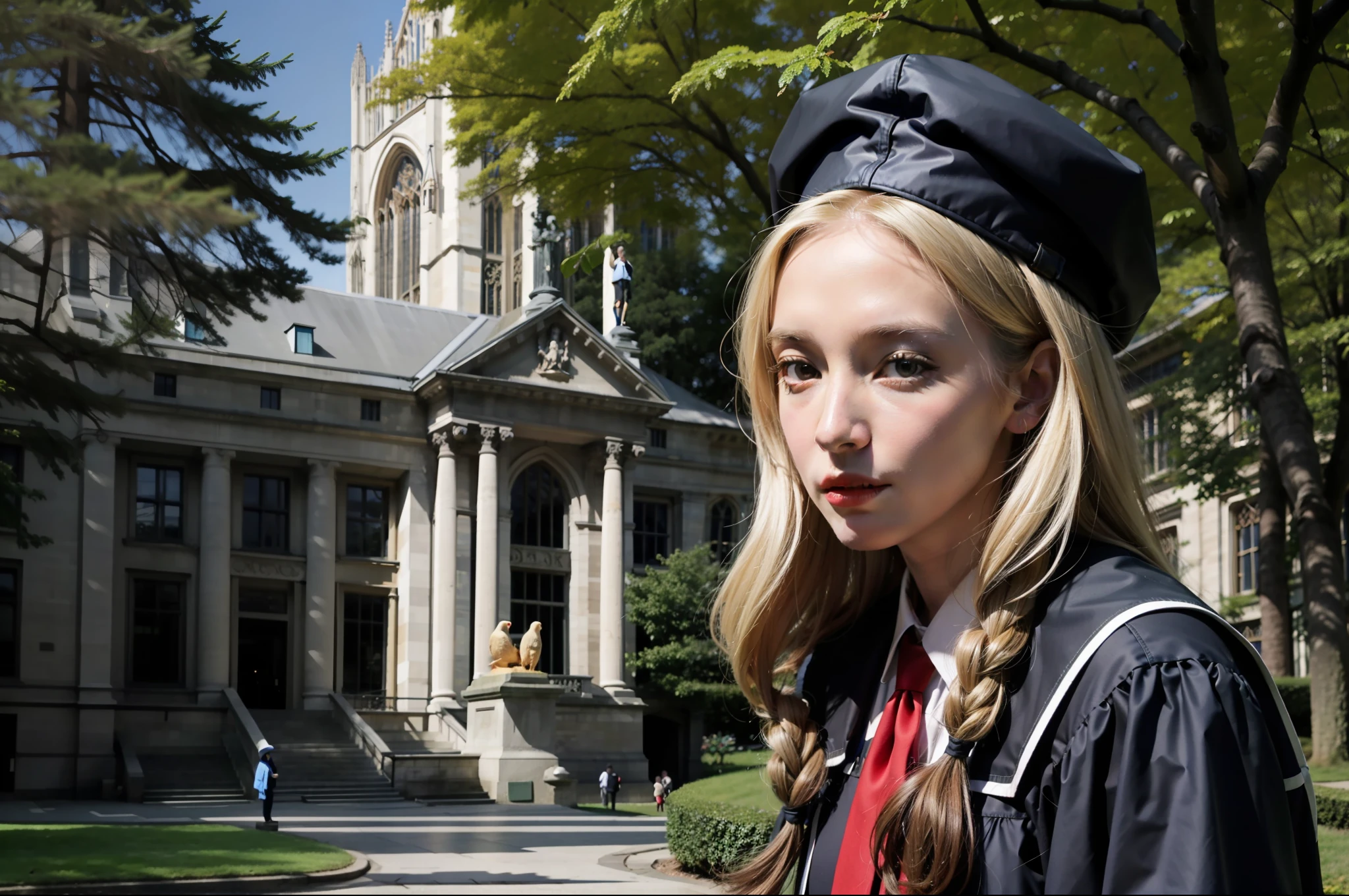 "Jane Goodall standing in front of University of Cambridge, wearing university cap and gown."