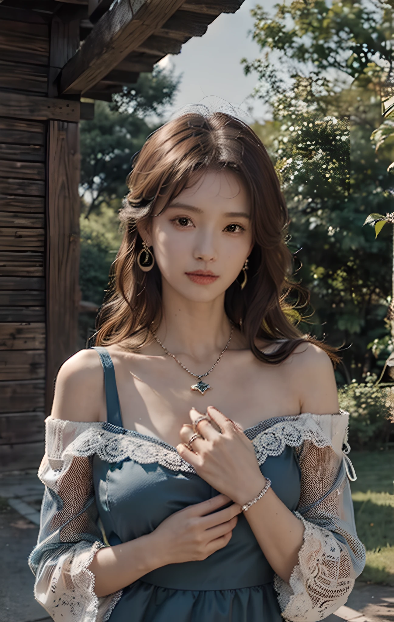 1girl,(loose sleeves:1.2),nature posture,jumping,ribbon,blue dress,high quality,best quality,masterpiece,look at viewer,wood house,sunsight,close up,(photorealistic:1.4),open shoulder,cleavage,flat chest,necklace,earrings,ring,bare shoulders,hair ornament,ribbon trim,jewelry,two hands,good hands,