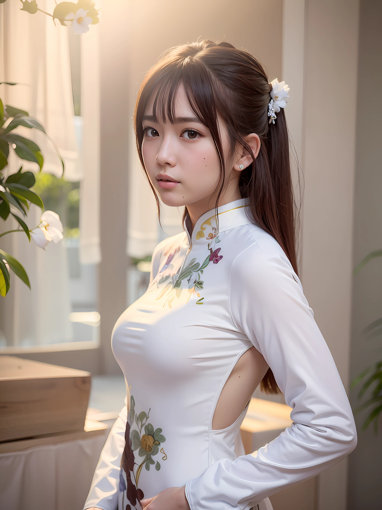 (8K, highest quality, masterpiece: 1.3), (realistic, photorealistic: 1.4), ultra high definition, (white ao dai: 1.1), (japanese female), (high-definition cute face), (huge breasts), brown hair, ponytail hair, professional lighting, (closed mouth: 1.2), blush, smile