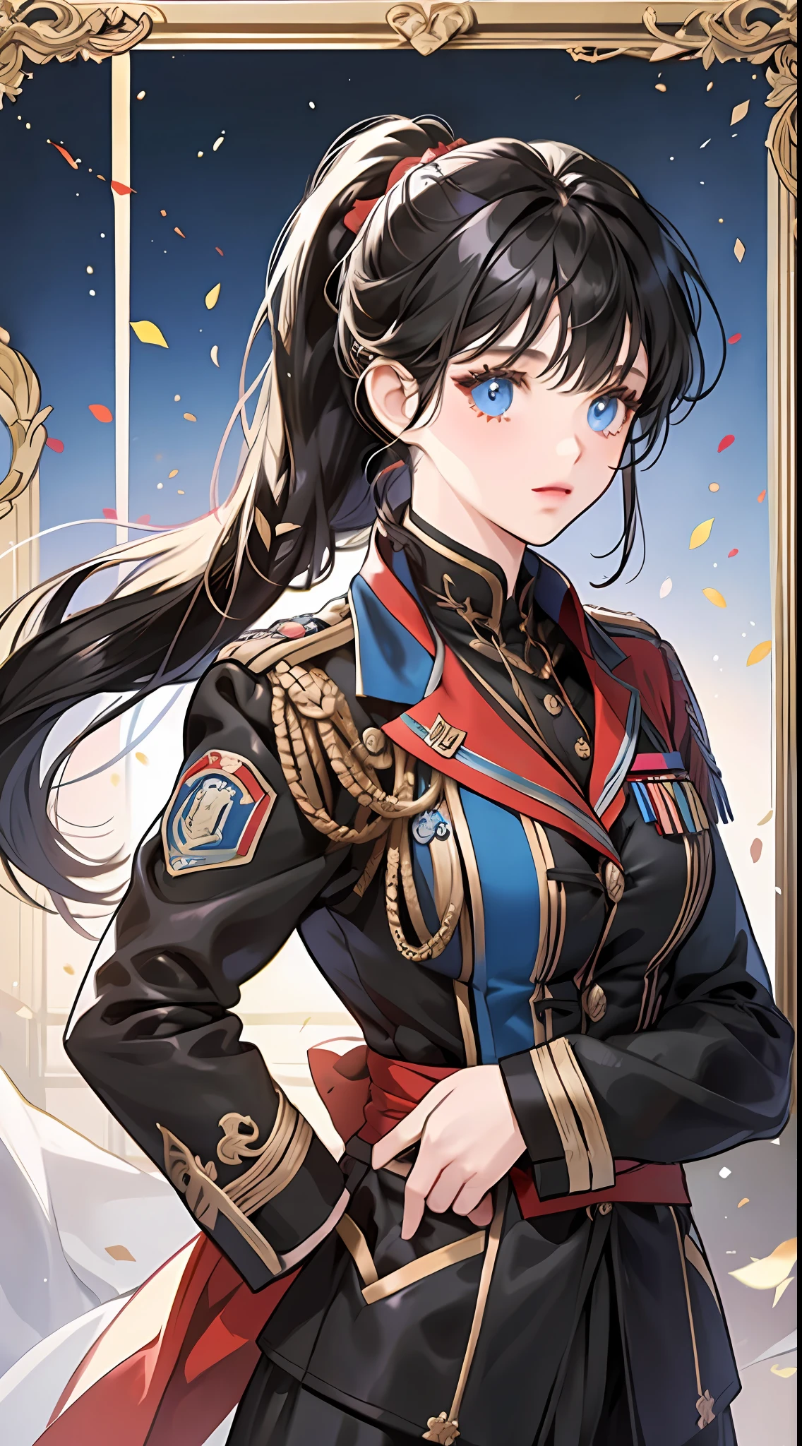 A girl with long black hair (with a ponytail), (with bangs) in a military uniform, blue eyes, looking at the camera, front, (white background), standing painting, attention to detail, highest quality,