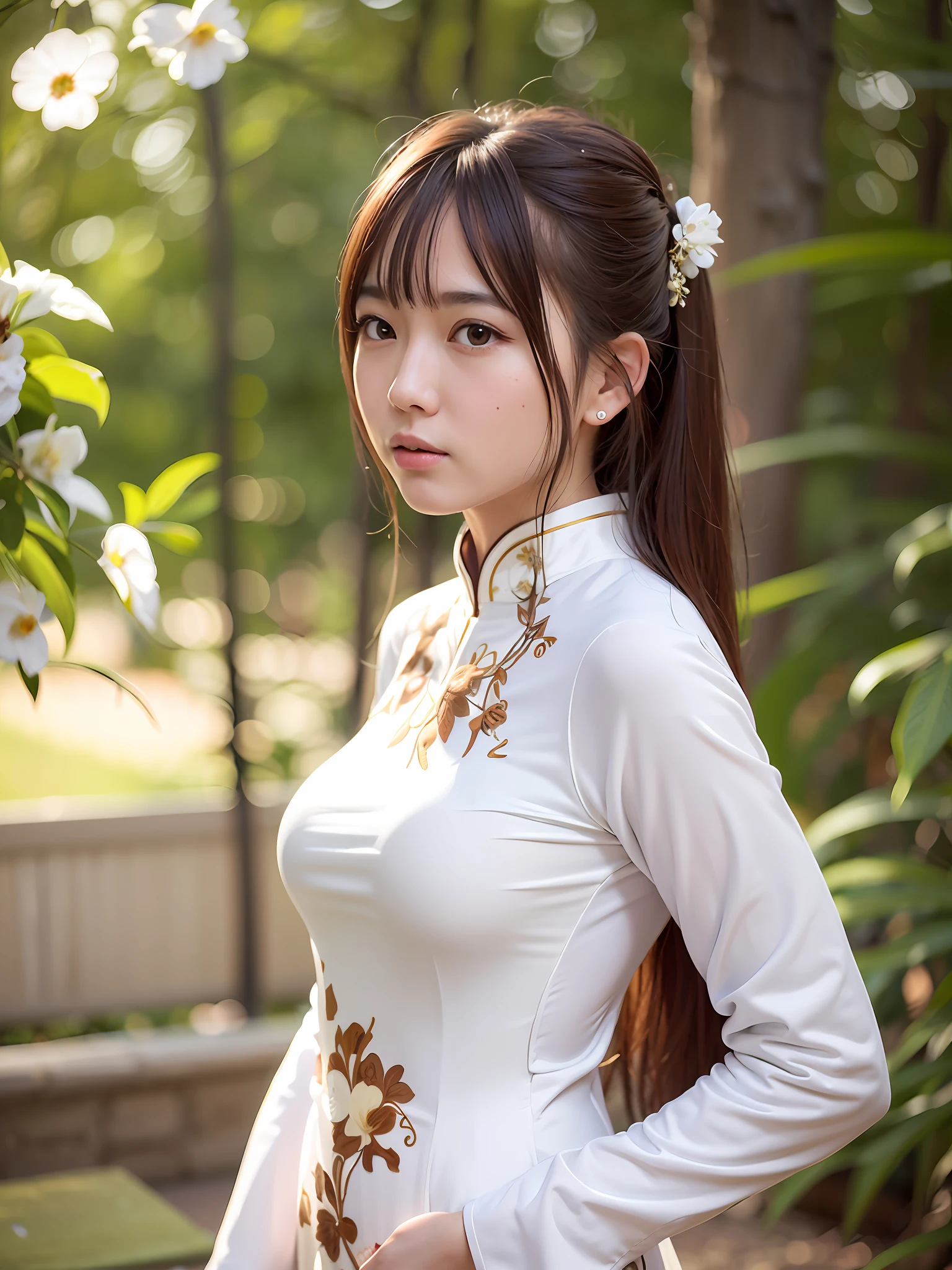 (8K, highest quality, masterpiece: 1.3), (realistic, photorealistic: 1.4), ultra high definition, (white ao dai: 1.1), (japanese female), (high-definition cute face), (huge breasts), brown hair, ponytail hair, professional lighting, (closed mouth: 1.2), blush, smile