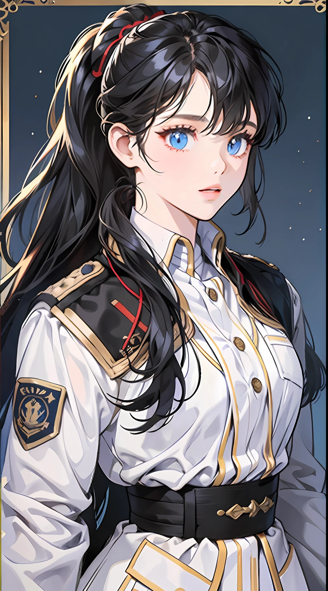 A girl with long black hair (with a ponytail), (with bangs) in a military uniform, blue eyes, looking at the camera, front, (white background), standing painting, attention to detail, highest quality,