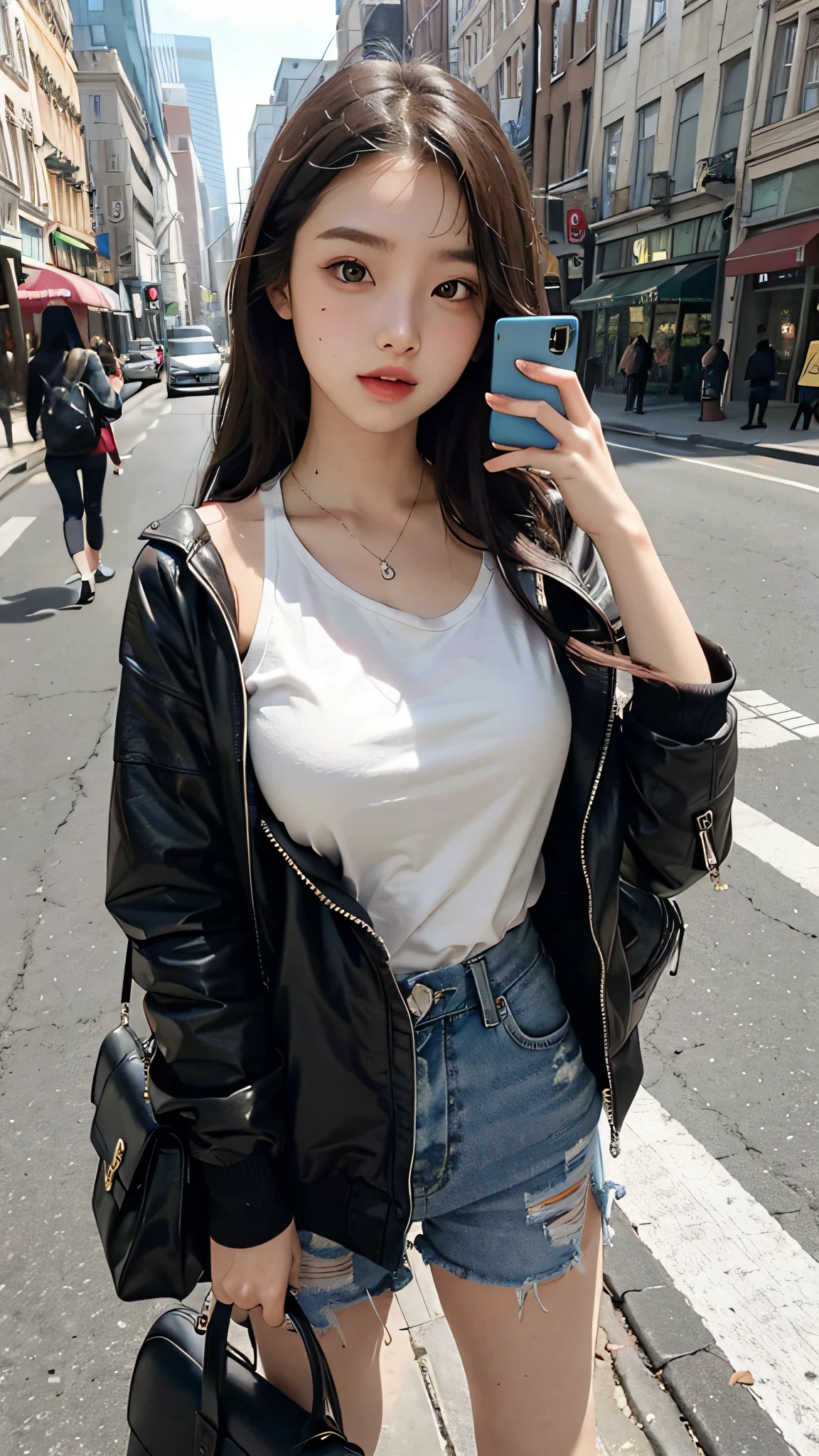 Beautiful woman, fiddling with cell phone in the middle of the street, short clothes