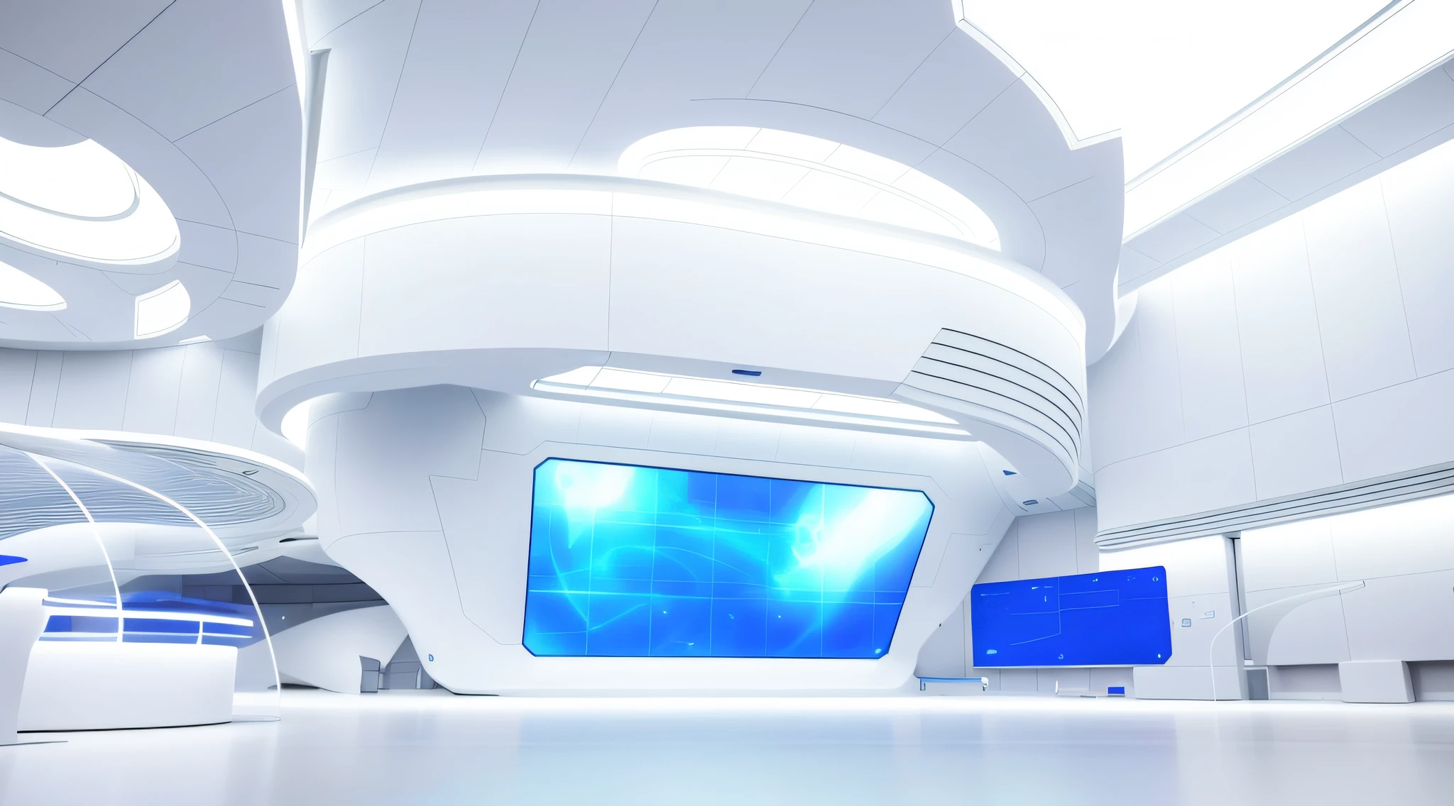 There is a room with a large screen, white ground, futuristic hall, virtual metaverse room, standing in a futuristic laboratory, in the background is a low-light museum, museum diffuse lighting, a crystal room, futuristic room inside a science facility, sci-fi room, futuristic laboratory, future government conference hall, future environment
