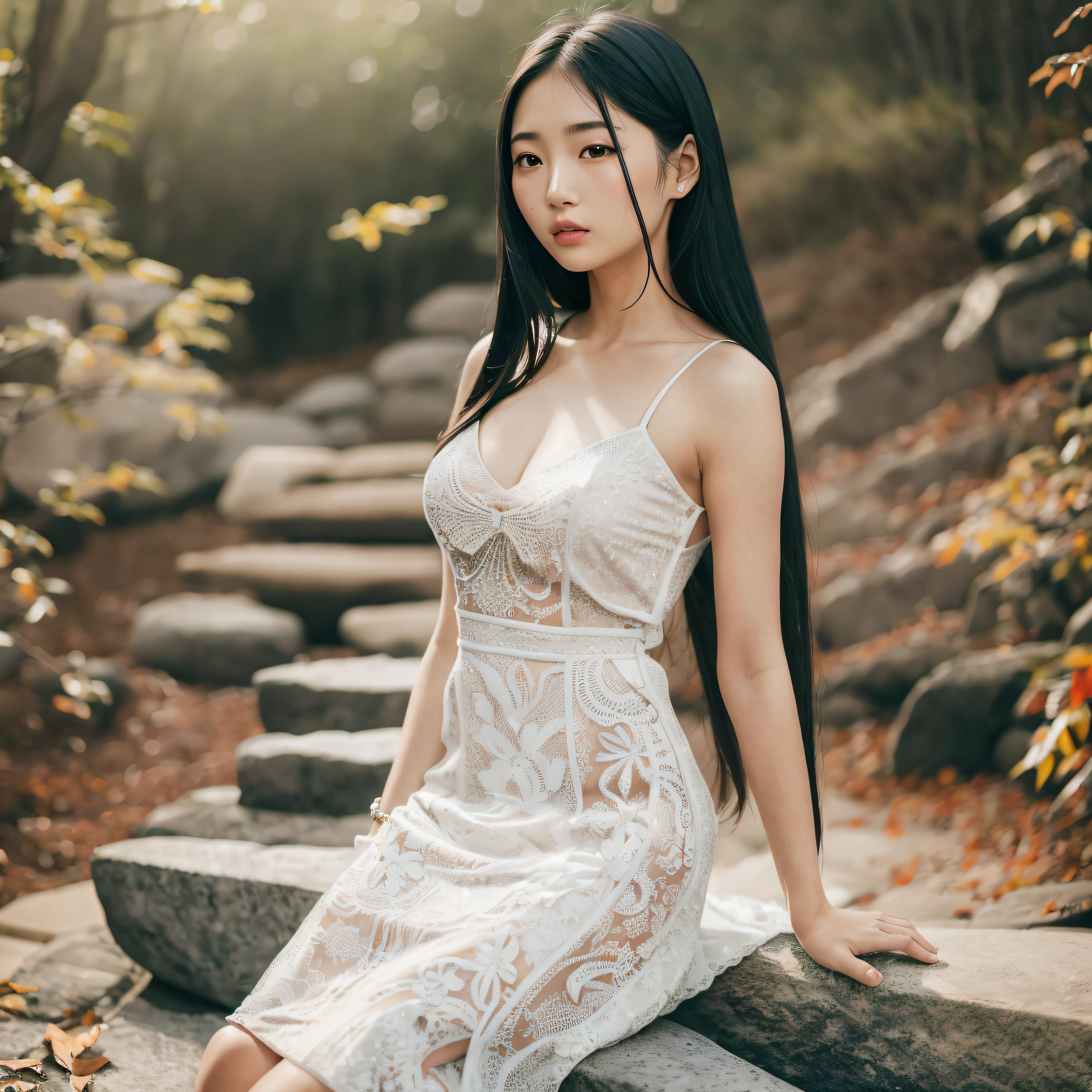 Araki woman sitting on stone steps in white dress, beautiful asian girl, beautiful korean woman, korean girl, gorgeous korean young woman, beautiful asian woman, beautiful korean young woman, asian girl, korean woman, asian characteristic, asian woman, asian rapunzel girl, japanese goddess, chinese girl, asian woman, asian woman, young asian girl with left hand detail strengthening,