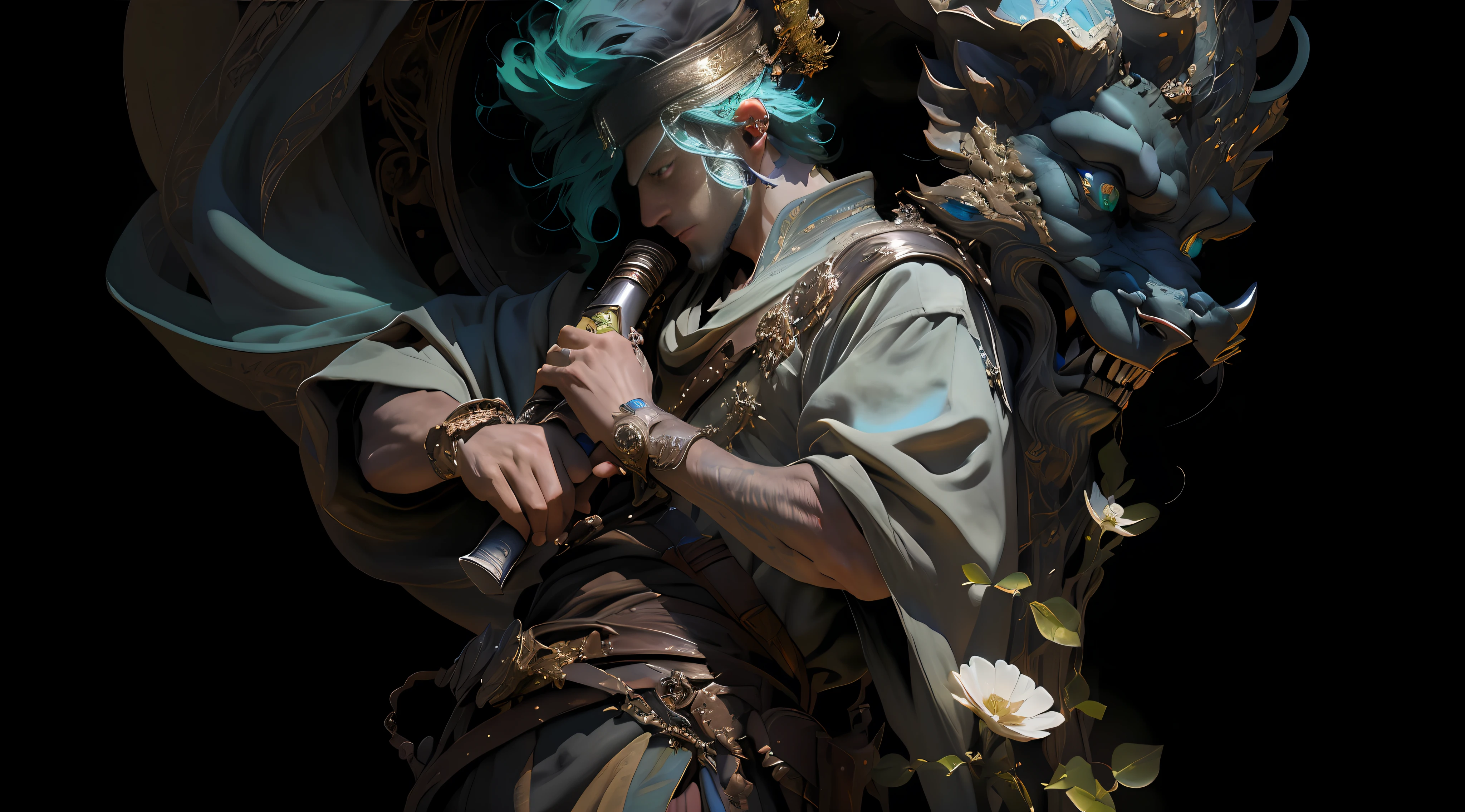 A man playing musical instrument, atmospheric distance sense, full body picture, epic fantasy digital art style, epic fantasy art style HD, epic fantasy art style, detailed fantasy digital art, epic fantasy style art, epic exquisite character art, 4K fantasy art, 2. 5 D CGI anime fantasy artwork, man wearing a flower on his head, photo of the most beautiful artwork in the world with a soft sheen, ((epic hero fantasy, great location, majestic environment), full body 8k uniform rendering, action shot, skin pores, heavy shadows, detailed, detailed face, (vibrant, photo realistic, realistic, dramatic, dark, sharp focus, 8k), (Complex: 1.4), Decadence, (High Detail: 1.4), Digital Painting ArtStation, Concept Art, Smooth, Sharp Focus, Illustration, Artgerm Art, (Loish: 0.23), Wlop Ilya Kuvshinov, and Greg Rutkowski and Alphonse Mucha Gracias, (Global Illumination, Studio light, volumetric light), particles floating, face rich details, man with cold expression, green eyes, eyes with fire