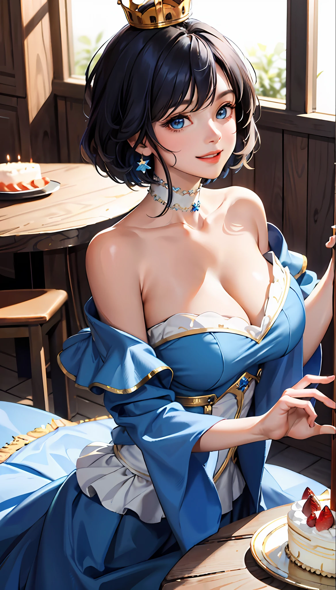 (masterpiece:1.2, best quality), (1lady, solo, upper body:1.2), clothing: flowing skirt Accessories: Happy Birthday Crown, Birthday Cake Hair: Dark blue shoulder-length short hair Makeup: natural, glowing skin, behavior: relaxed, carefree, free-spirited, smiling Location: in front of wooden table, blue eyes, huge breasts,