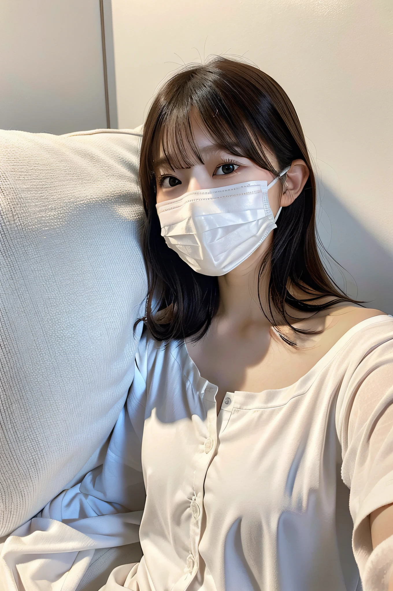 8K, Best Quality, Masterpiece, Ultra High Definition, (Photorealistic: 1.4), Raw Photography, Realistic Skin Texture, (Film Grain: 1.3), 1girl, Beautiful Detailed Eyes and Face, Masterpiece, Best Quality, Upper Body, Japan Idol, Fair Skin, White Mask, Natural Blurred Background, Close Up, Other Shots, Big, Frontal Photo, Face Covered, Masked, Profile, bed background, pajamas, lying down