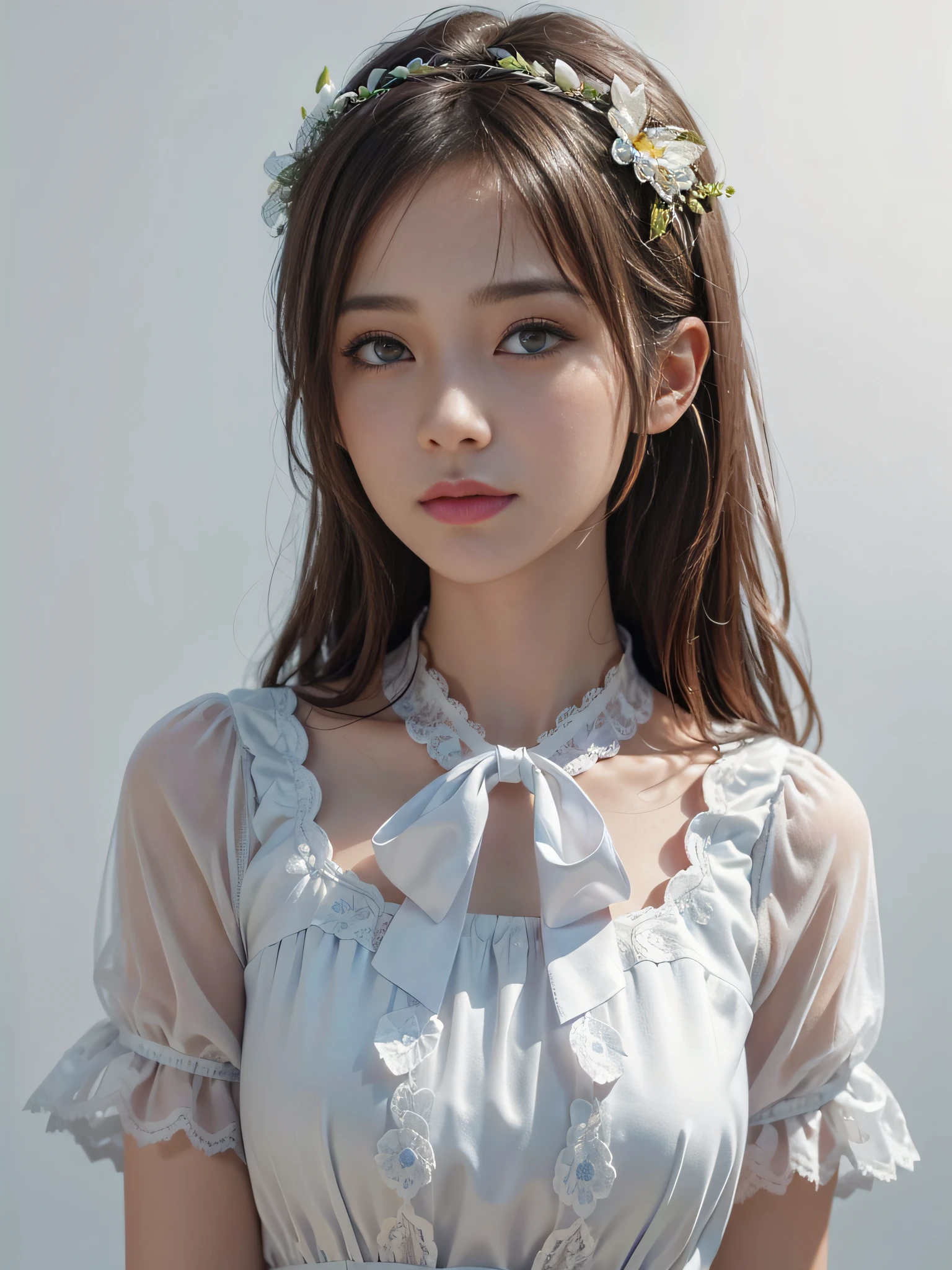 dressed, (photorealistic: 1.4), (hyperrealistic: 1.4), (realistic: 1.3), (smooth lighting: 1.05), (cinematic lighting quality improvement: 0.9), 32K, 1 girl, Japan woman, realistic lighting, backlit, face lights, ray tracking, (bright light: 1.2), (quality improvement: 1.4), ( Realistic textured skin of the highest quality: 1.4), fine detailed eyes, detailed face, fine quality eyes, brown eyes, light pink lips with a little moisture, (tired, sleepy and satisfied: 0.0), white silk blouse with blue floral pattern with ruffles and lace, ribbon ties with thin strings, dark brown hair, short cropped bangs hanging on the forehead, small flower headband, one adult woman with a faint smile, (white background)