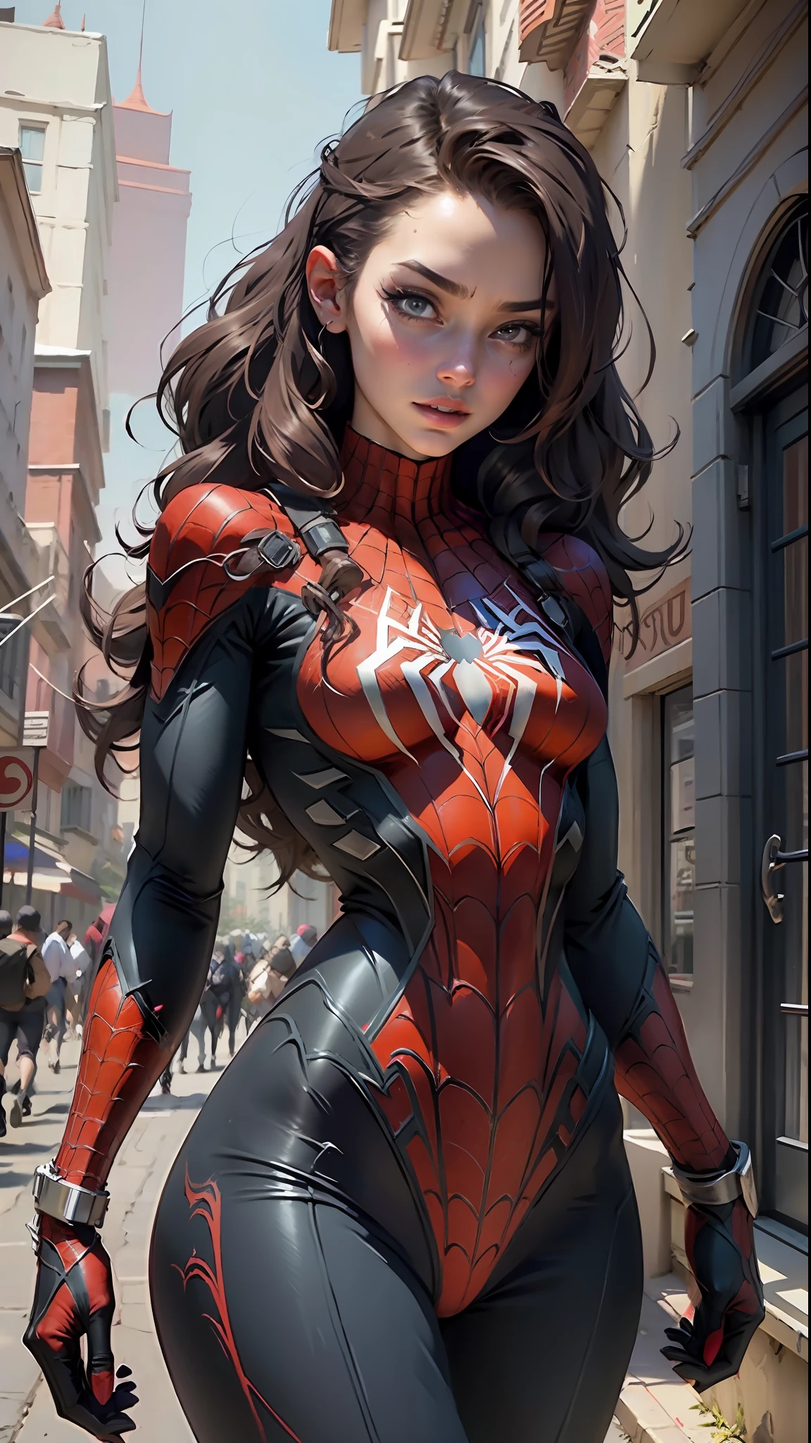 Beautiful woman detailed defined body using spider man cosplay, small breasts