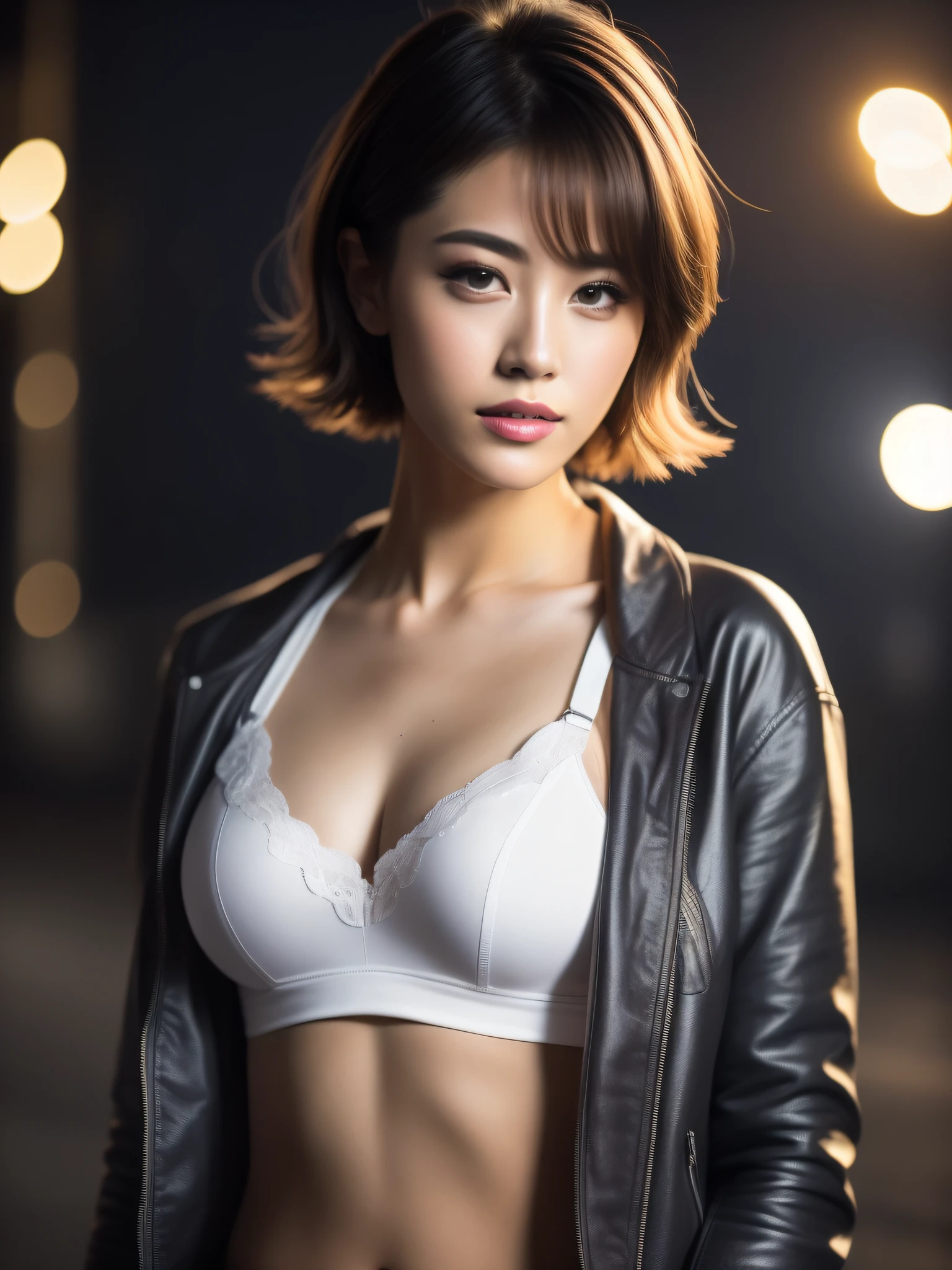 Night view, photo of a sexy girl, bust, short hair, open jacket, white bra, jeans, posing, young face, soft volumetric light, (backlight: 1.3), (cinematic: 1.3), intricate details, (ArtStation: 1.2)