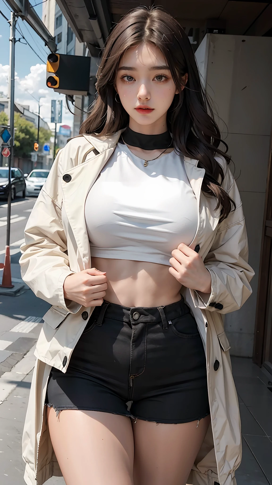 Woman defined body large breasts, thick thighs detailed body, white wavy hair,  brown jacket, white shirt, black sport short,