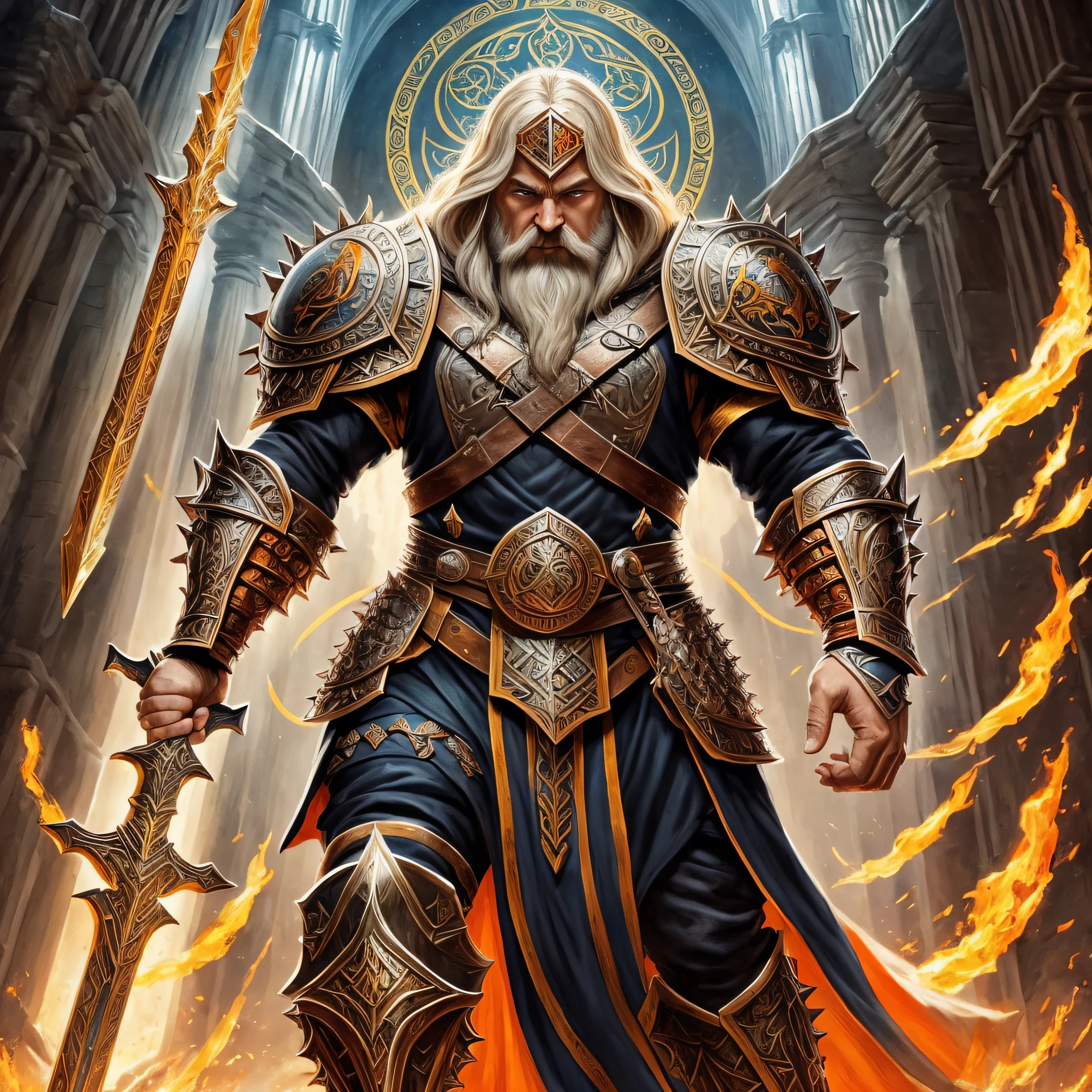 D&D art Full body, (Masterpiece, best quality). male, dwarf (Masterpiece, best quality). holy warrior, (Masterpiece, best quality) , with a long, braided blond hair, blue eyes, (Masterpiece, best quality). Armed in the right hand with a yellow, radiant sword, with dwarven runes on it (Masterpiece, intense details). Holding a shield in the left hand (Masterpiece, intense details). Wearing heavy black armor with spikes and shield (Masterpiece, intense details). Donning bellowing orange cloak with sun sigils (Masterpiece, intense details) with a cathedral background at dawn(Masterpiece, intense details) --auto --s2