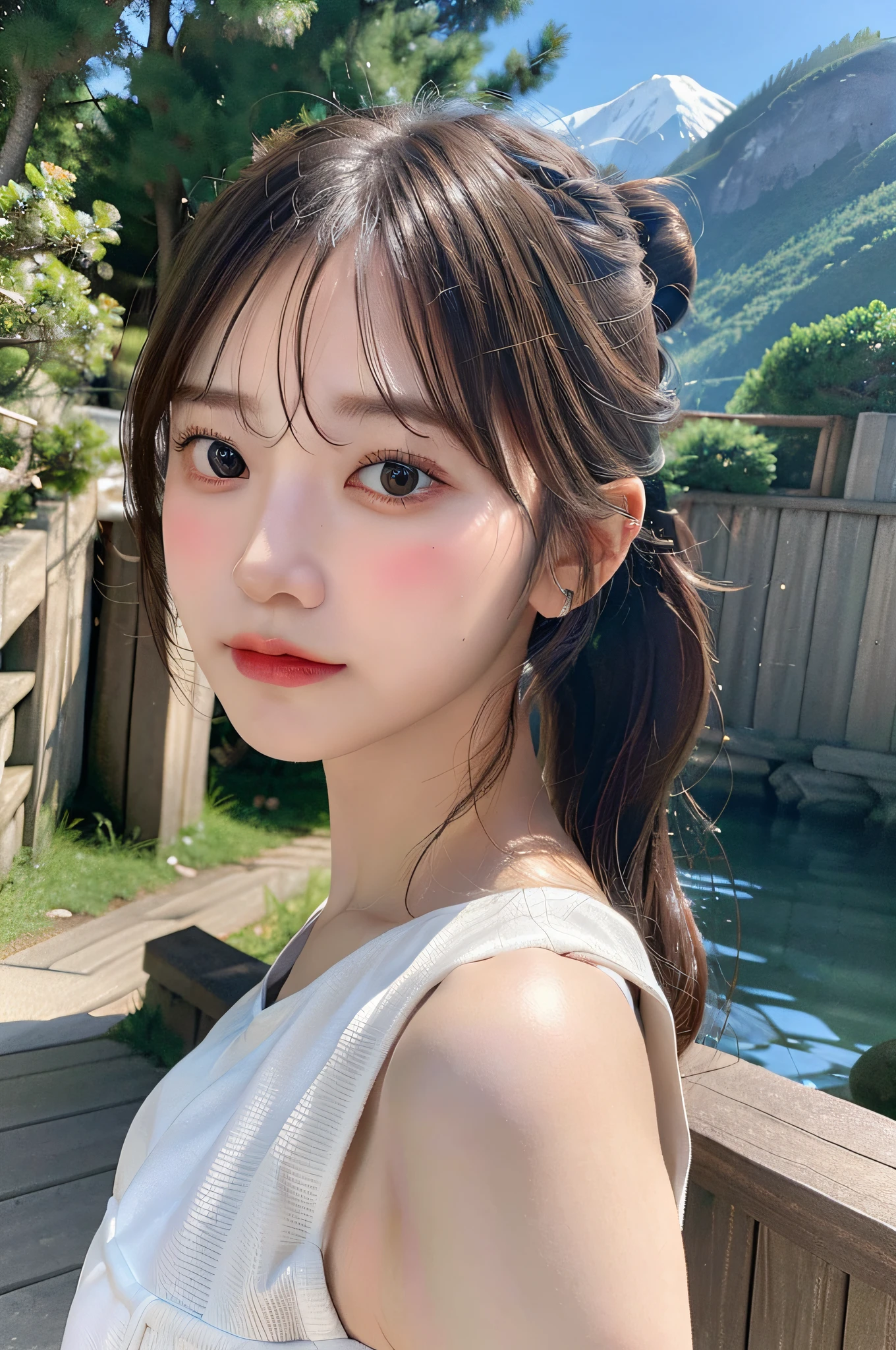 8K, Best Quality, Masterpiece, Ultra High Definition, (Photorealistic: 1.4), Raw Photography, Realistic Skin Texture, (Film Grain: 1.3), 1girl, Beautiful Detailed Eyes and Face, Masterpiece, Best Quality, Japan Idol, Fair Skin, Natural Blurred Background, Close Up, Selfie, Big, Front Photo, Mountain Background, Bun Hairstyle, Profile