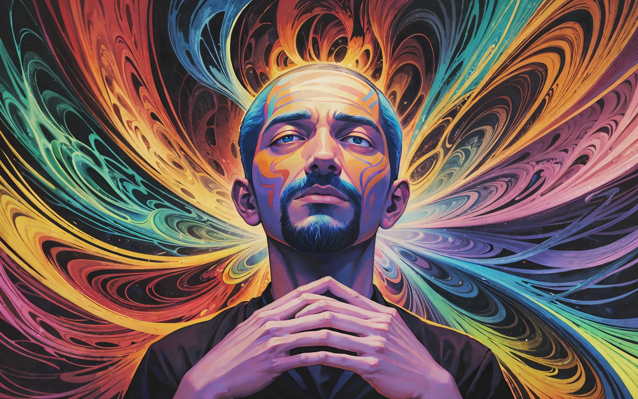 surreal gouache portrait painting of a man opening the fabric of creation, vivid colors--ar 3:4--92--S750--v 5.1 --auto --s2