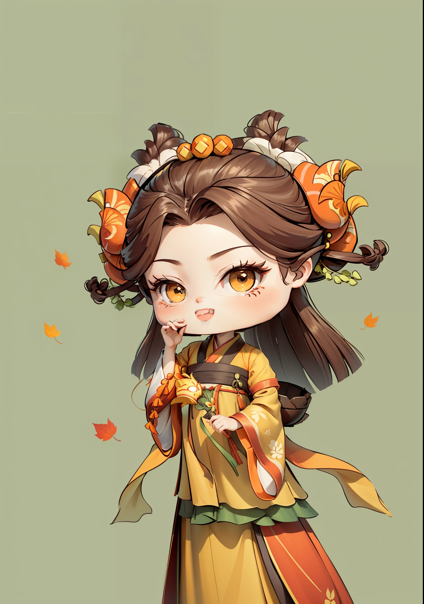 A Chinese girl in Hanfu, holding a rice ear in one hand and a seed in the other, autumn, autumn, harvest, dark brown hair, ancient Chinese hair bun, pattern, light green orange yellow color matching, ginkgo biloba hair ornaments on both sides, some metal flower headdresses, bright color blocks, bright colors, line art, infinite details, fine painting, exquisite depiction, blank background 8k
