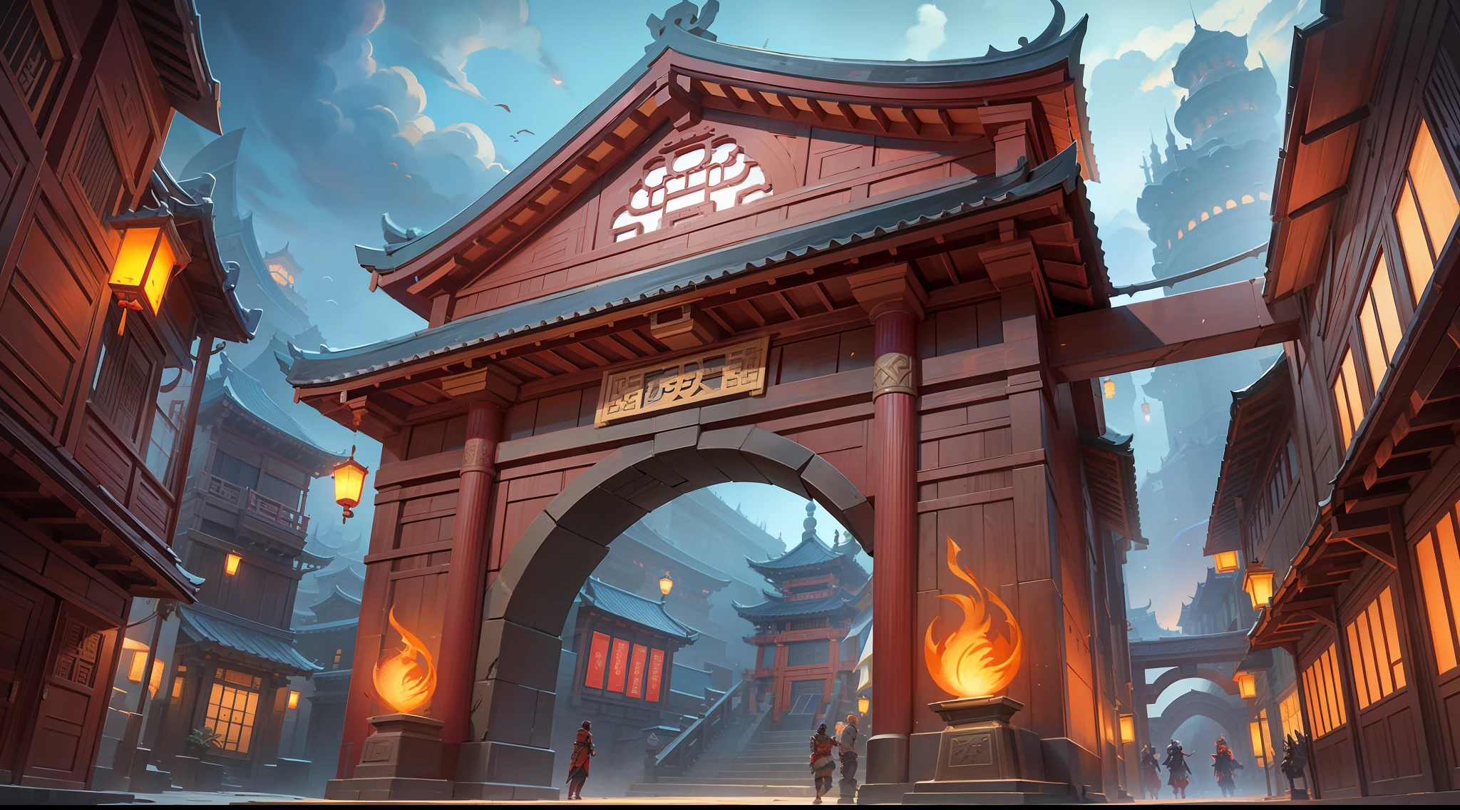 Ancient Chinese arch close-up, low building, night, dark red tones, big perspective, looking up, fist game concept art, rossdraws global lighting, ross tran. Landscape background, painting concept art, Ross Tran and Bayard Wu, painting as game concept art, League of Legends concept art, stylized concept art, Blizzard Hearthstone concept art, Overwatch sojourn, architectural details texture clear, perspective correct, ancient Chinese architecture