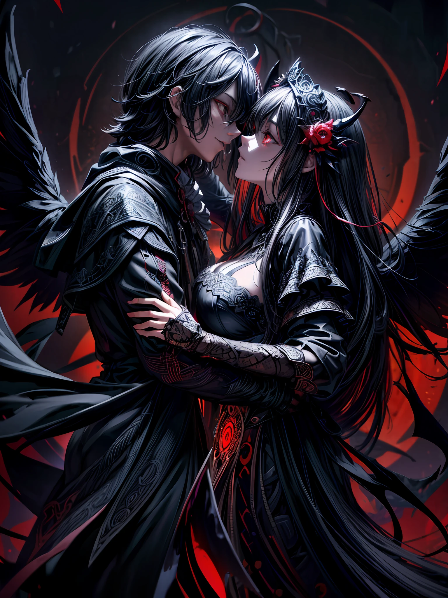 official art, unity 8k wallpaper, ultra detailed, aesthetically pleasing, High quality, masterpiece, best quality, (zentangle, mandala, tangle, entangle), (1girl), (passionate kiss), long straight black hair, lycoris flower, goat skull, (red, black), blood, romantic, Darkness, Shadows, magical, Menacing Dark Ornate Magic, Dark Ornate Shadow Magic, (mechanical mask), (black hood), demon, (six wings), evil, red eyes, angelic, (red, black), (dynamic angle), abyssal, highest definition, dark background, gradient background,