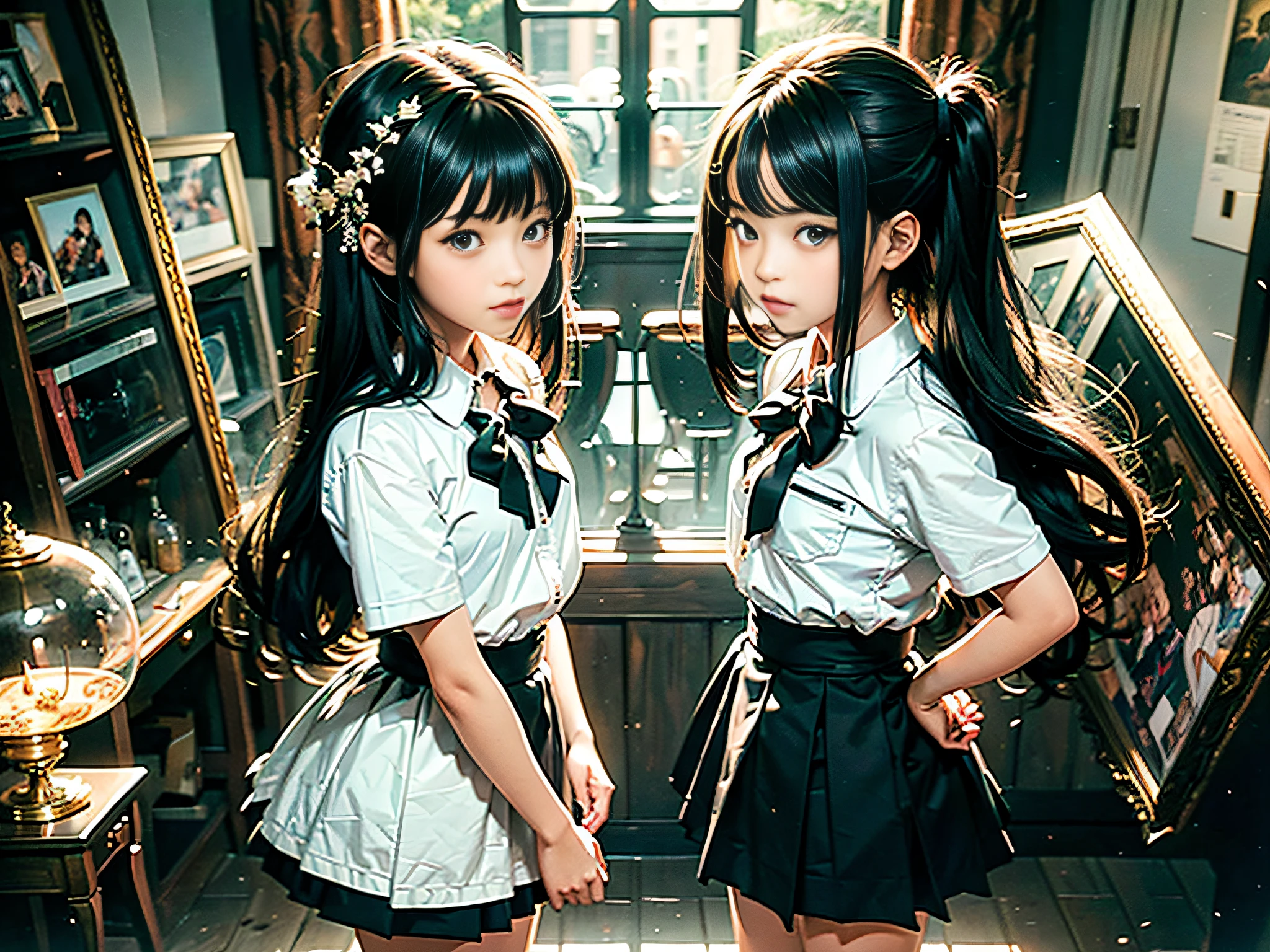 (Masterpiece) (in the evening room, middle view: 1.8) (two twin girls, black hair, school uniform: 1.9) (standing, beckoning: 1.7) (two together: 1.8)