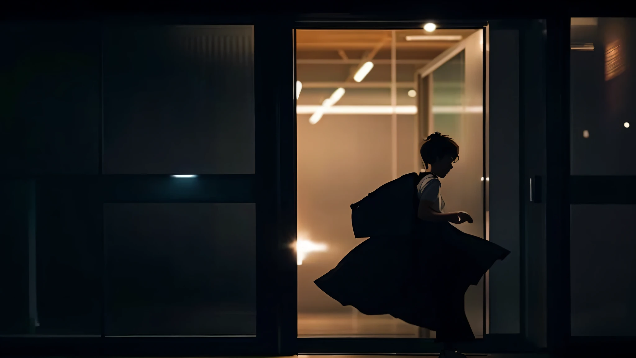 A woman with short hair wearing white short sleeves, rushed out the door, wooden door