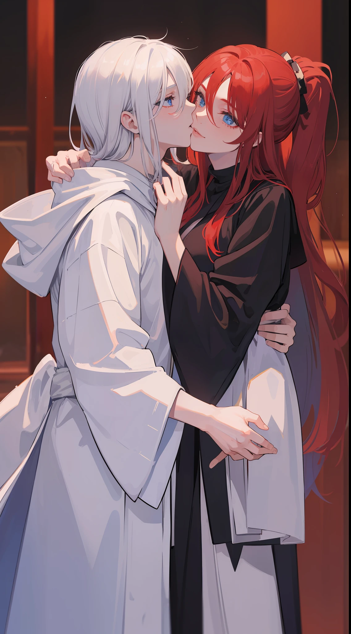 1man, sharp blue eyes with sharp pupils, white sharp hair and he was wearing black noble robes and, intimate hug and going to kiss with his lovely red-haired ((41 year old face))