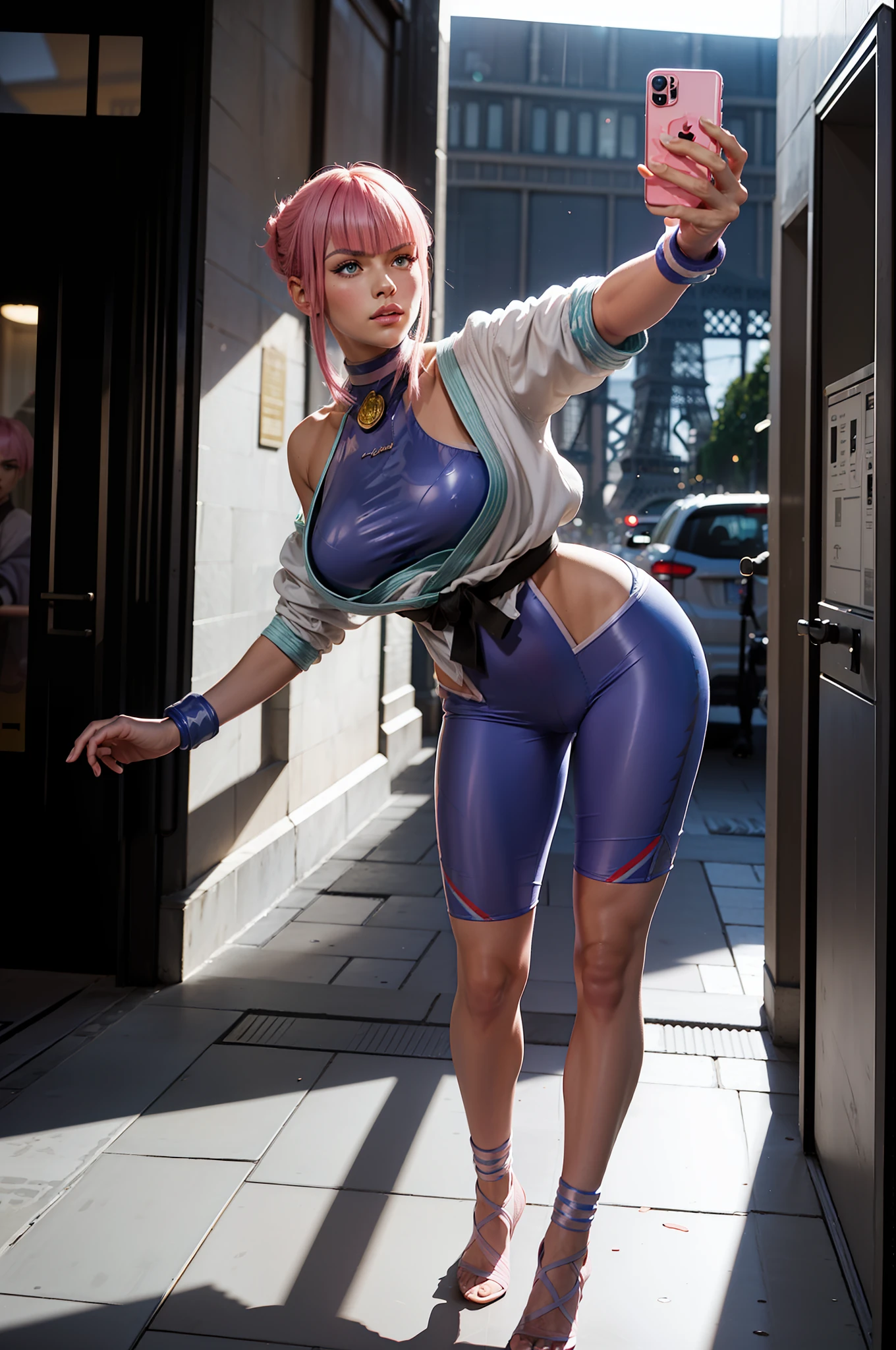 ((Best Quality, 8K, Masterpiece: 1.3)), ((Street Fighter 6's Manon Hair)), Short Pink Shiny Hair, European French, 1girl, 175cm, Ballet Dancer, Detailed Face, Detailed Skin Texture, (Big Eyes: 1.2 Long Eyelashes), Long Legs, Perfect Body Proportions, Fitness Figure, Pink Nails, Perfect Facial Features, Symmetrical Face, Confident Eyes Sparkling, Best Light, Ray Tracing, (Photon Mapping, Teleportion, Physically Based Rendering, Auto White Balance), Ultra HD, (Behind the Eiffel Tower, on the red carpet, like a star), (holding iPhone 14 in selfie, Instagram style), official illustration, Street Fighter 6 official promotional poster, digital illustration, game character CG, (3D modeling, fine modeling, texture of clothes)